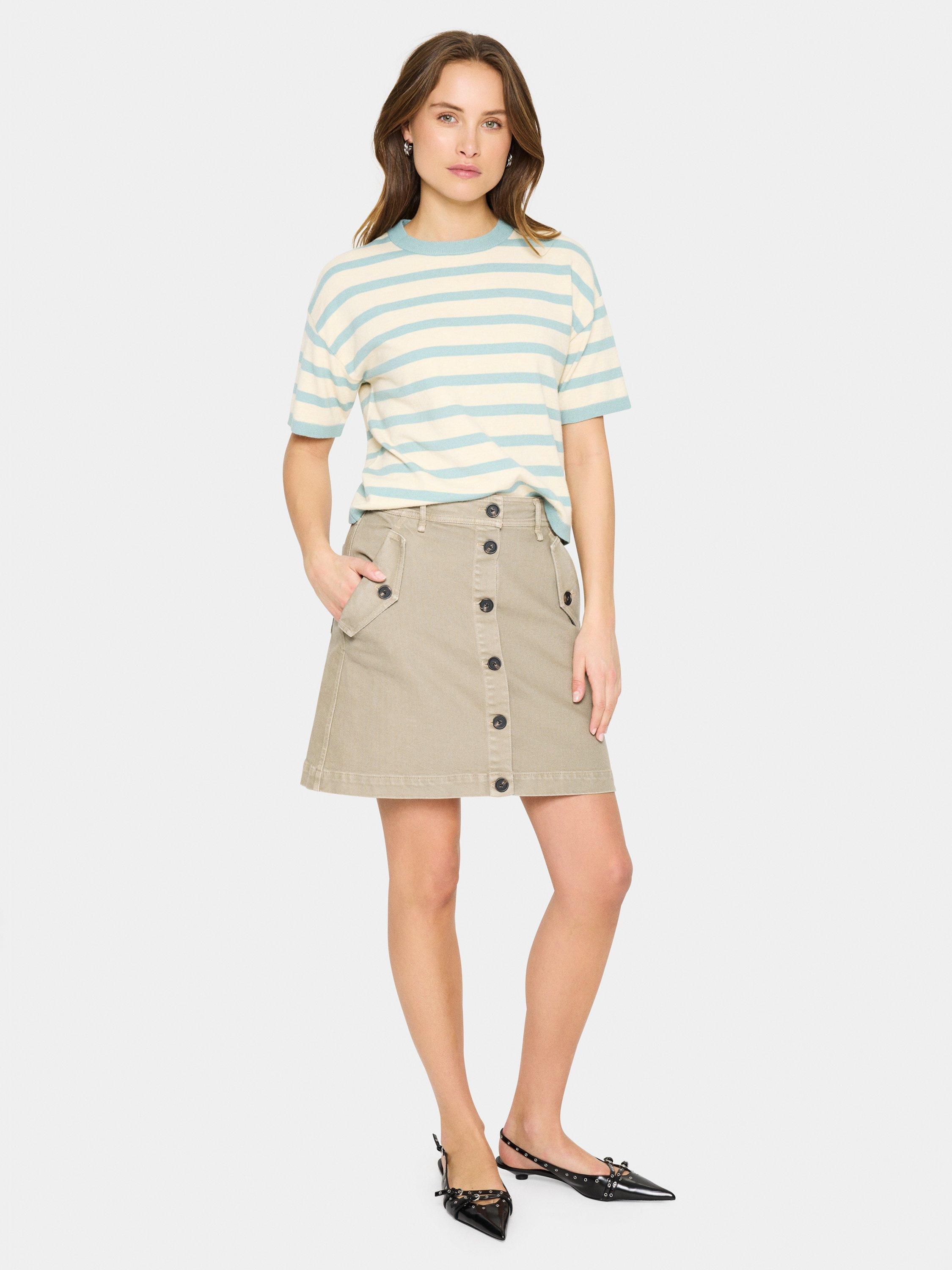 Product image 3 of 6, which shows Saint Tropez Likam Short Sleeve Stripe Jumper, Fog/Blue Surf, XS