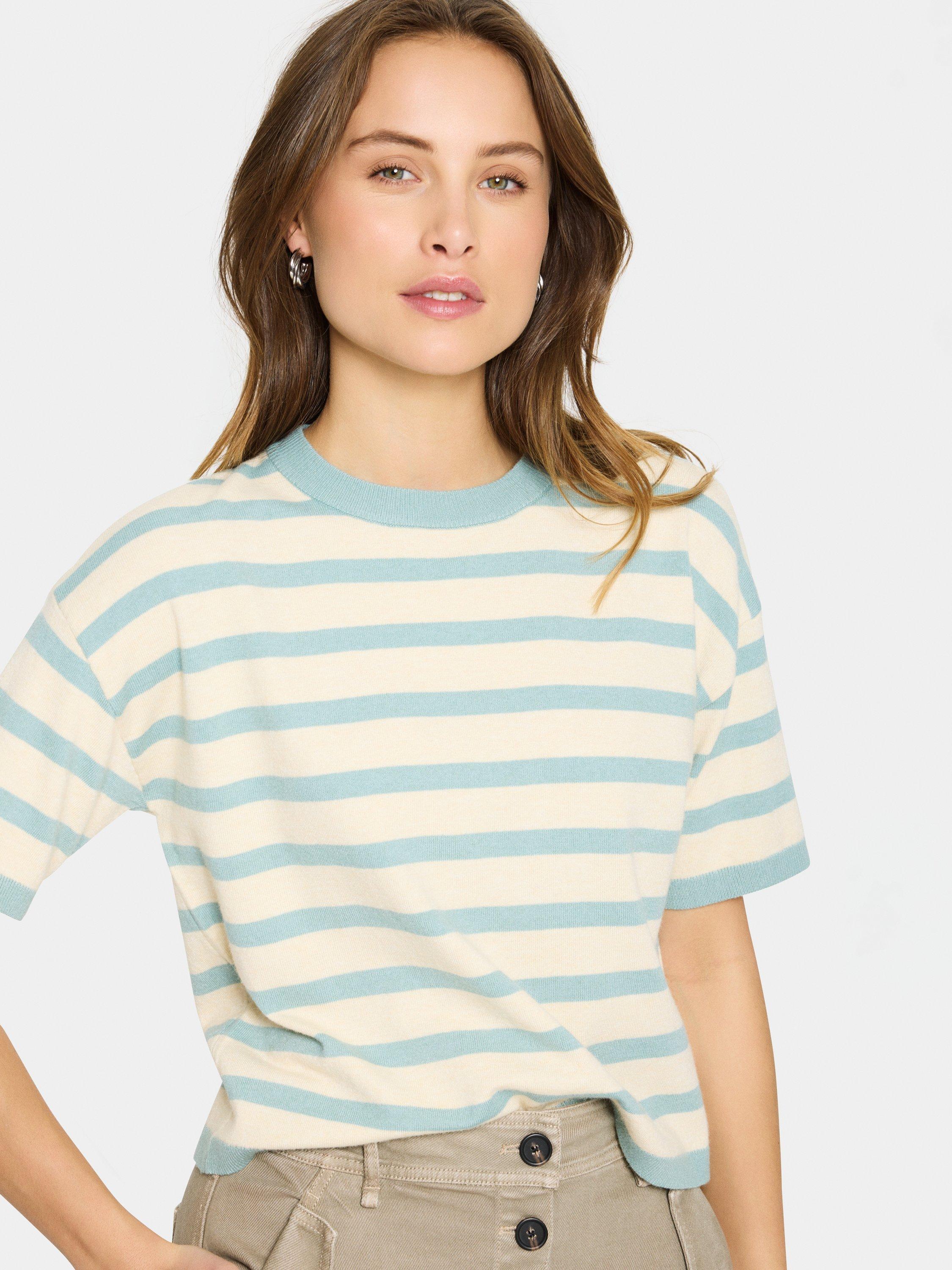 Product image 4 of 6, which shows Saint Tropez Likam Short Sleeve Stripe Jumper, Fog/Blue Surf, XS