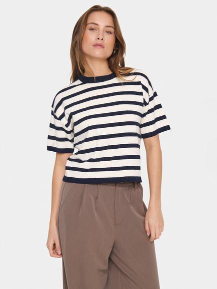 Saint Tropez Likam Short Sleeve Stripe Jumper, Winter White/Night Sky