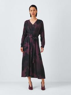 John Lewis Odyssey Bloom Print Bow Detail Midi Dress, Berry, Berry