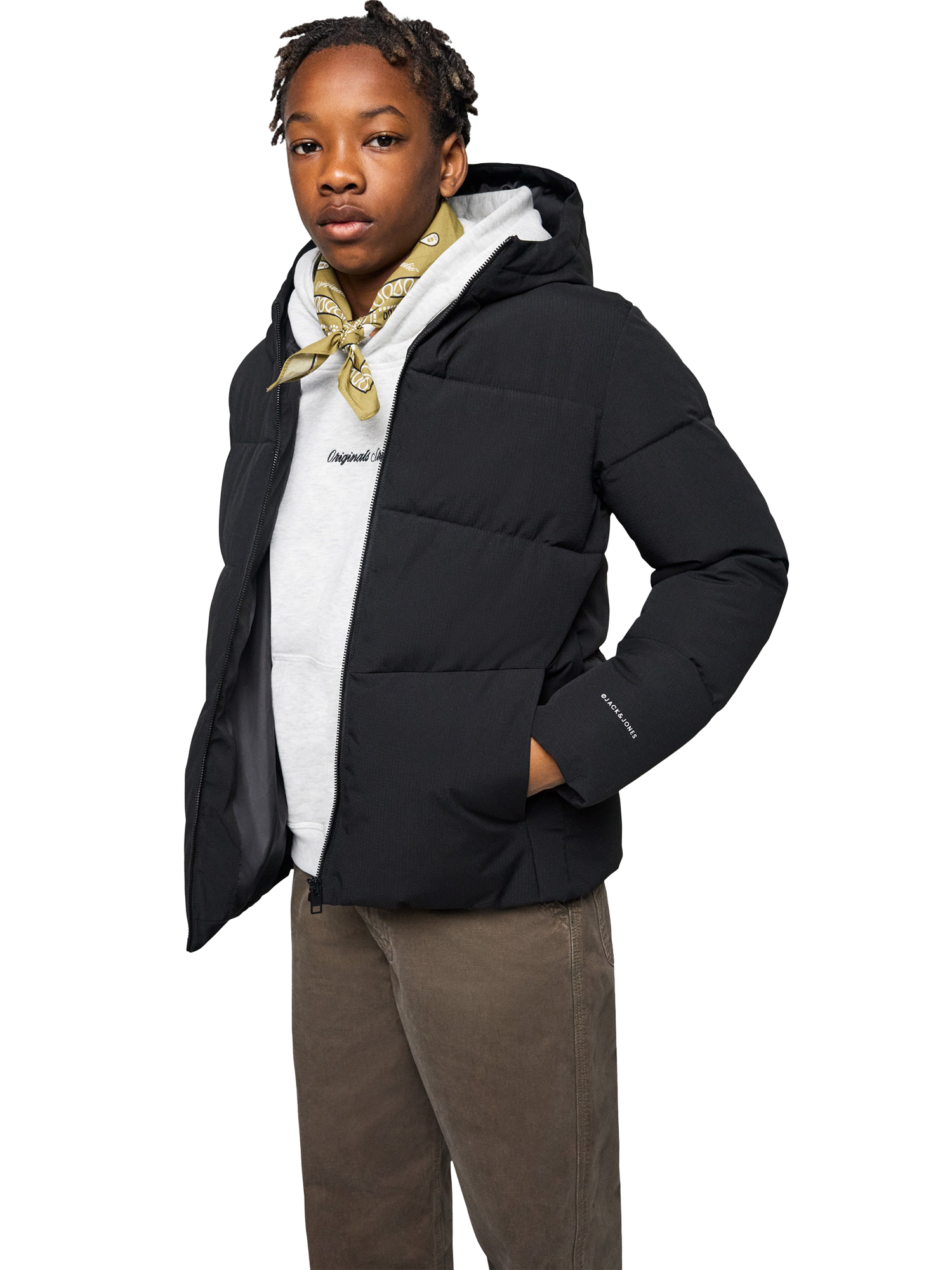 Product image 1 of 7, which shows Jack & Jones Kids' Global Hooded Puffer Jacket, Black, 8 years