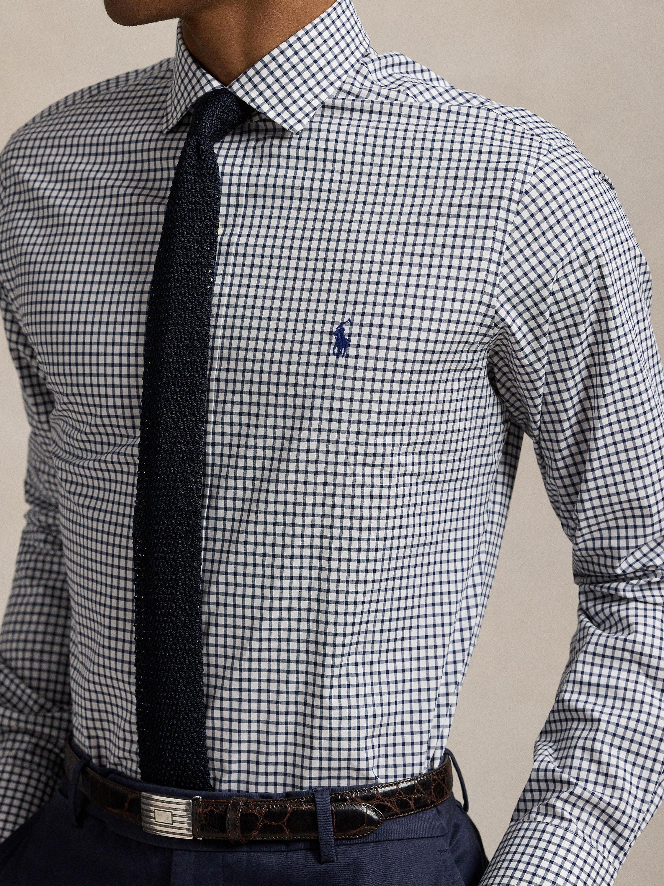 Product image 3 of 6, which shows Polo Ralph Lauren Cotton Purepress Custom Slim Fit Check Shirt, Navy/White, 15.5/R