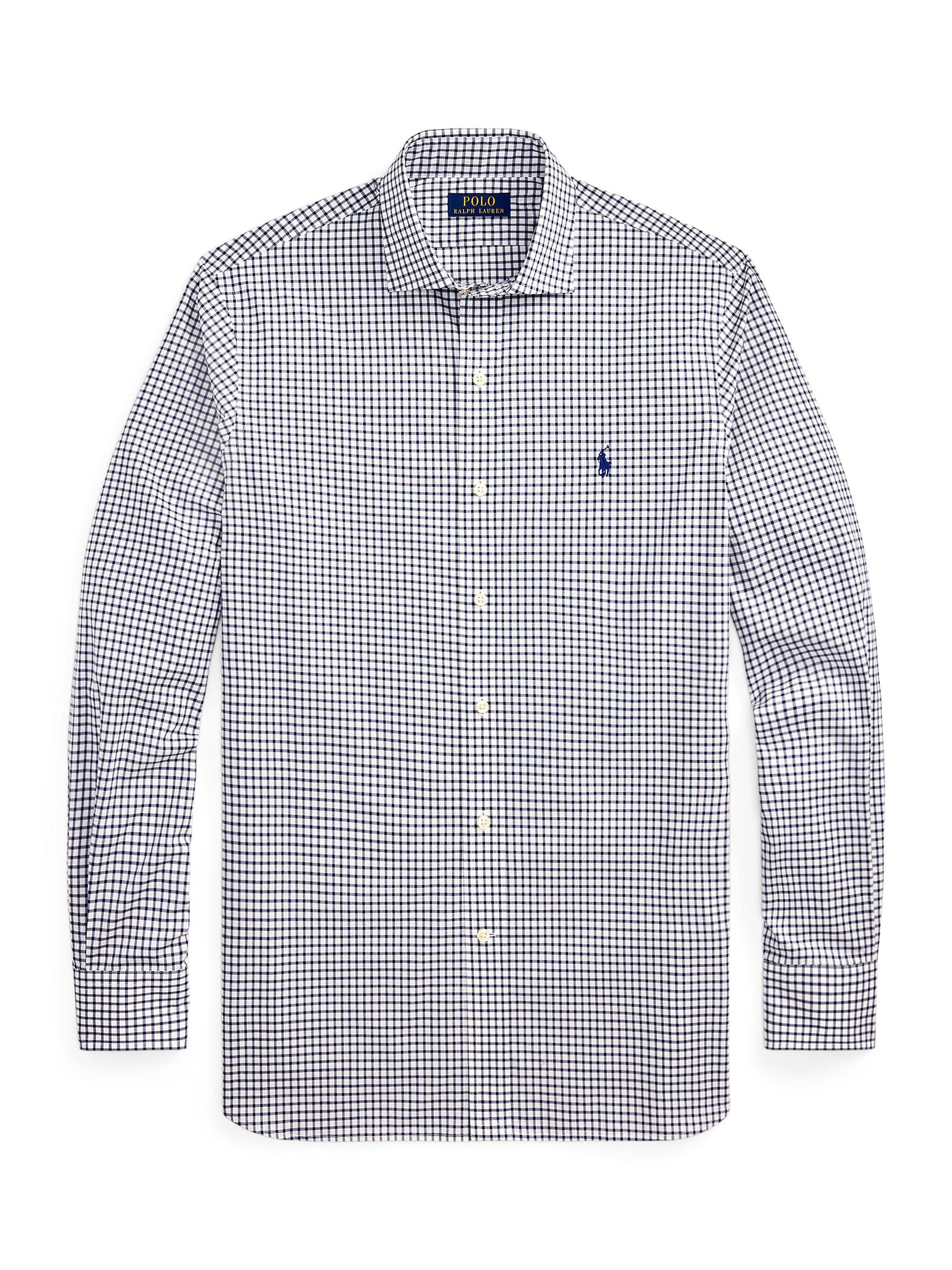 Product image 6 of 6, which shows Polo Ralph Lauren Cotton Purepress Custom Slim Fit Check Shirt, Navy/White, 15.5/R