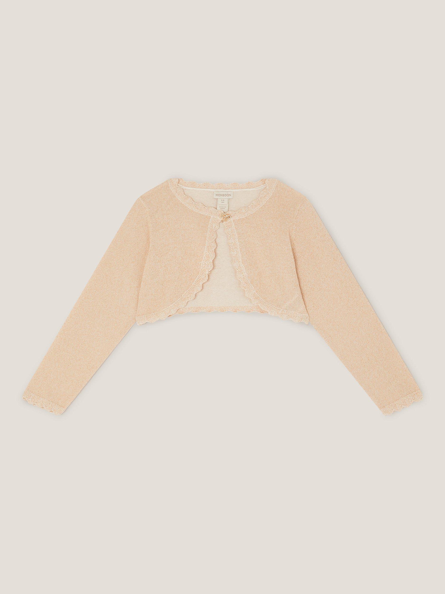 Product image 1 of 3, which shows Monsoon Kids' Knitted Bow Button Cardigan, Gold, 3-4 years