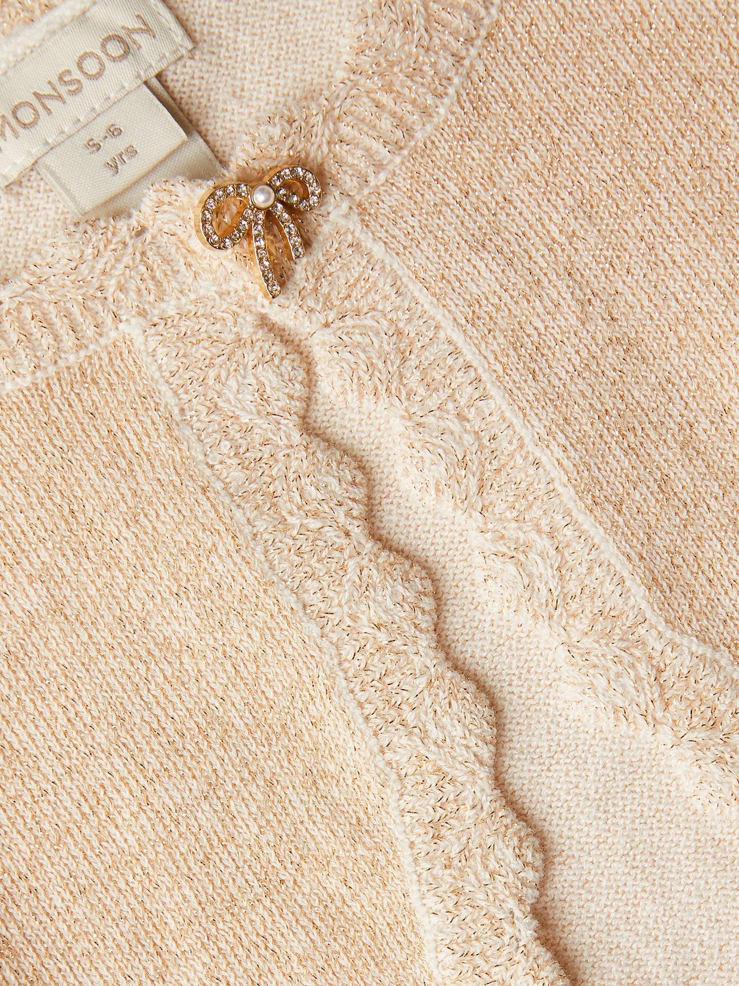 Product image 3 of 3, which shows Monsoon Kids' Knitted Bow Button Cardigan, Gold, 3-4 years
