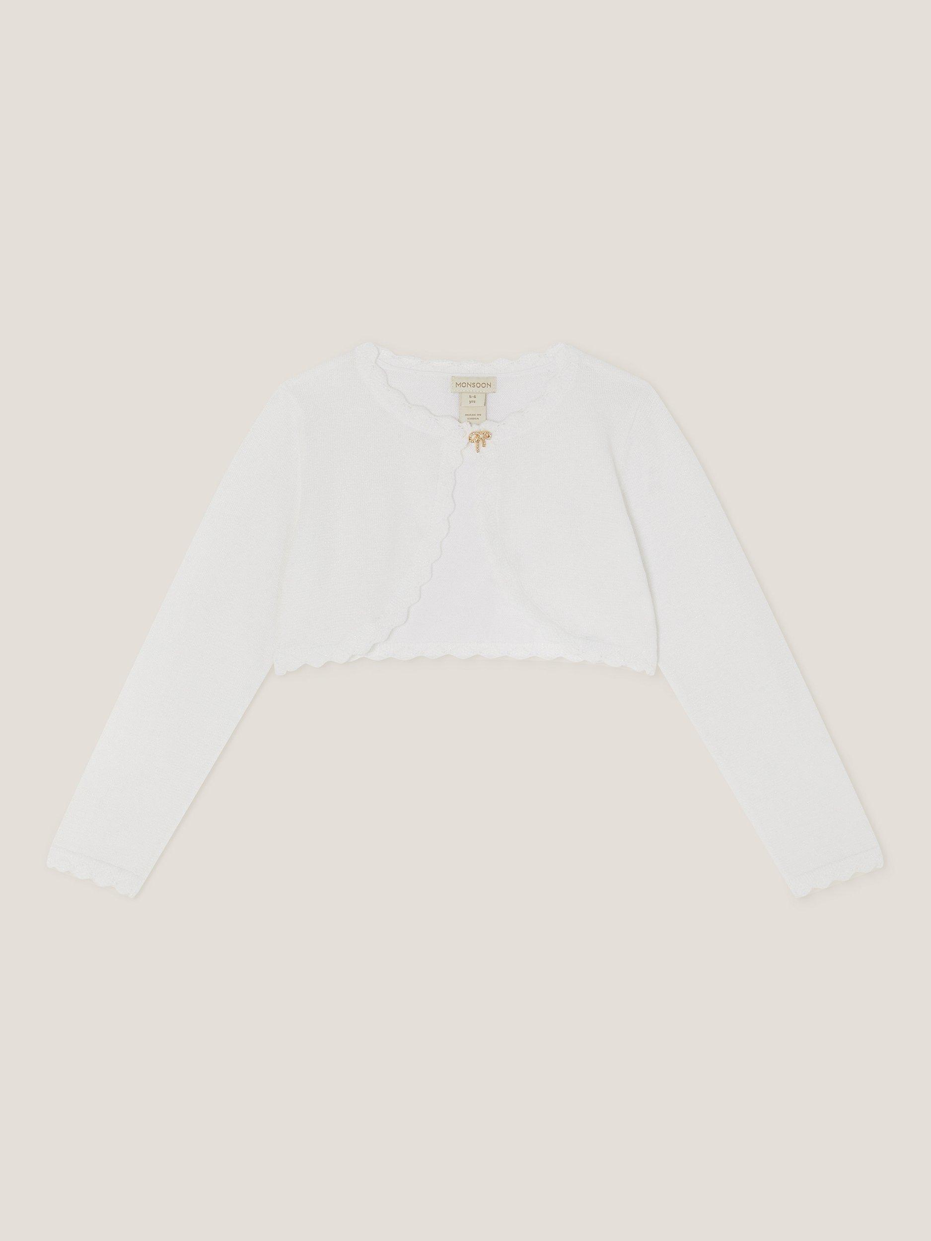 Product image 1 of 3, which shows Monsoon Kids' Knitted Bow Button Cardigan, Ivory, 3-4 years