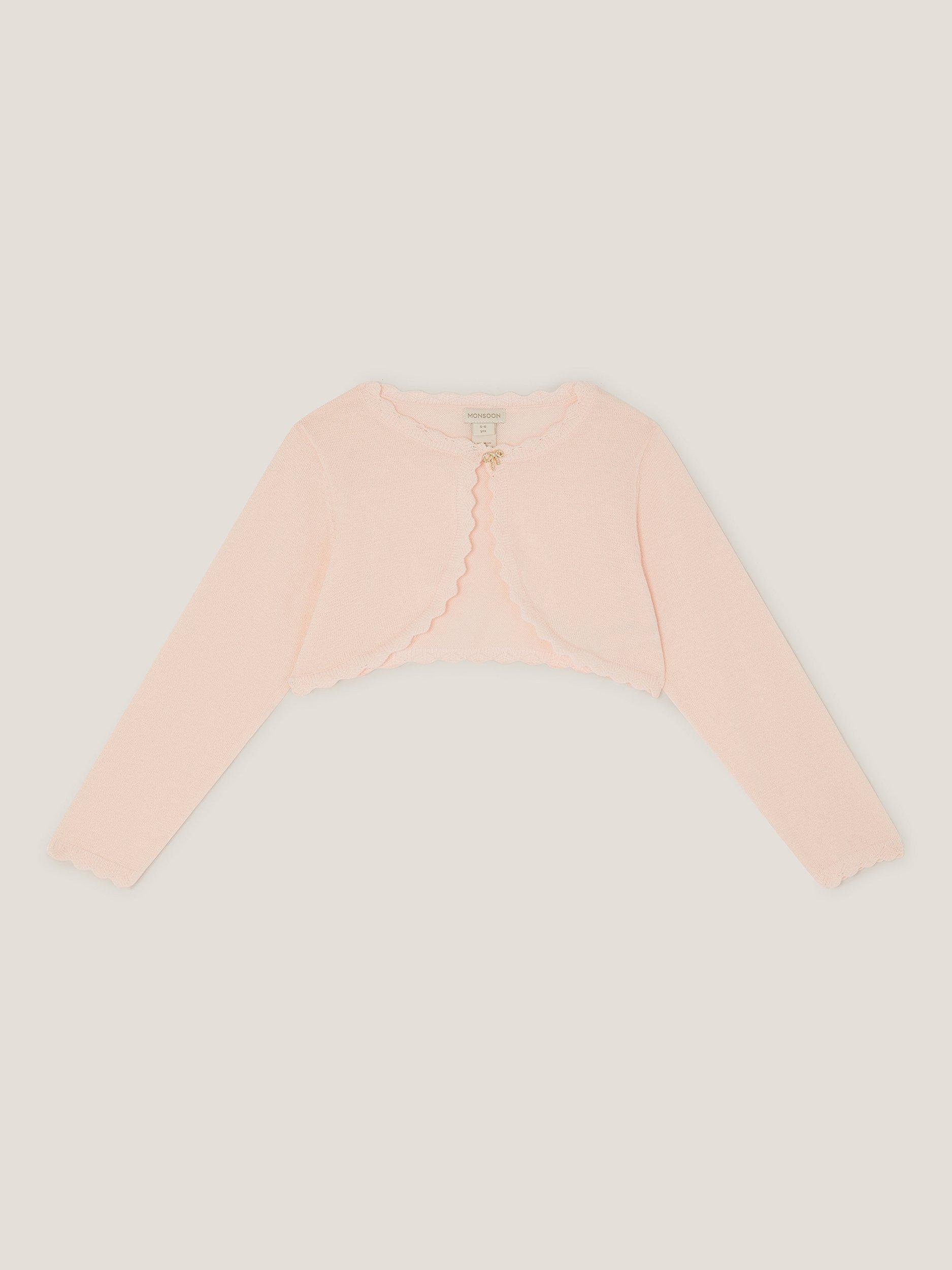 Product image 2 of 3, which shows Monsoon Kids' Knitted Bow Button Cardigan, Pale Pink, 3-4 years