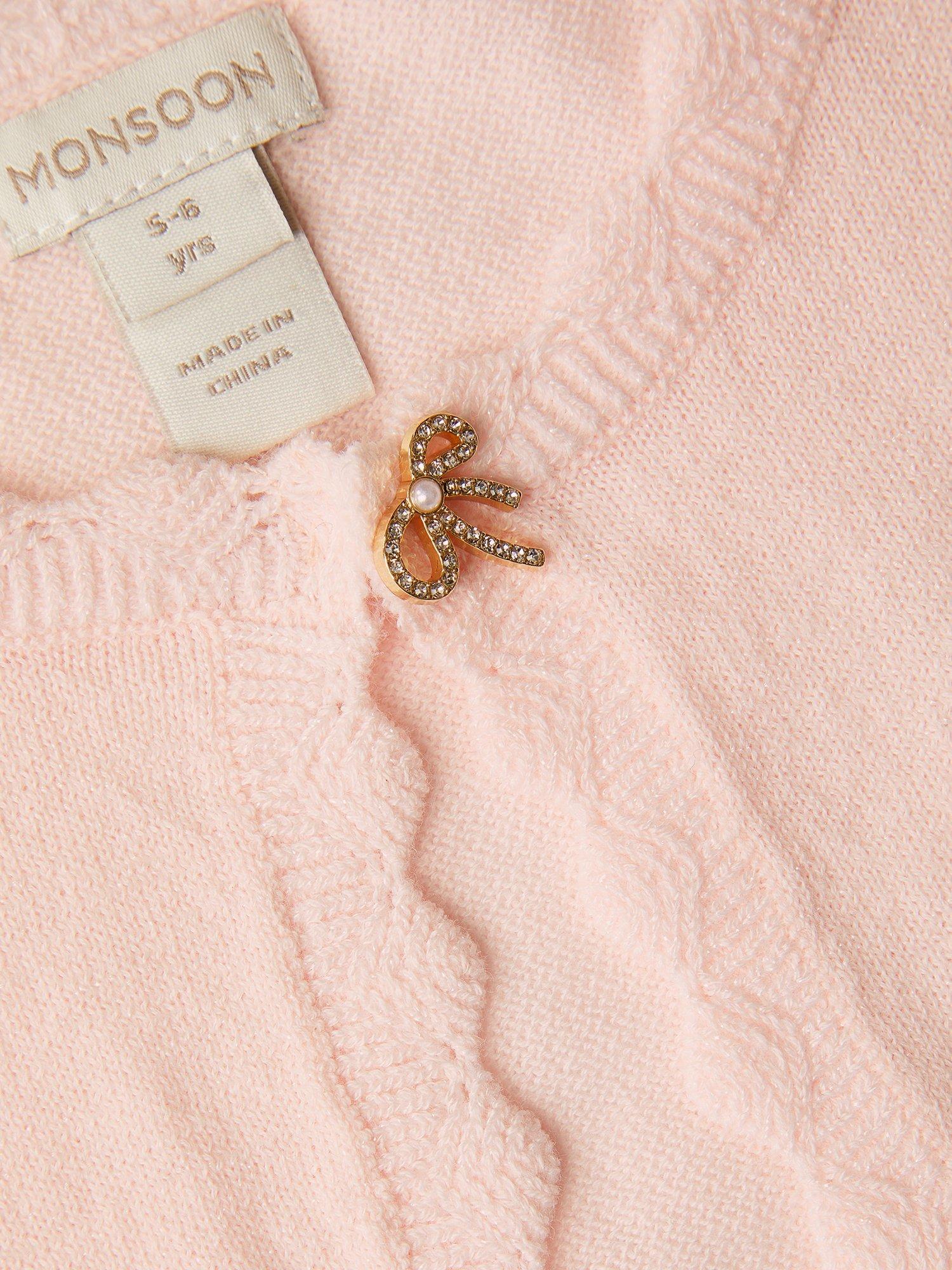 Product image 3 of 3, which shows Monsoon Kids' Knitted Bow Button Cardigan, Pale Pink, 3-4 years