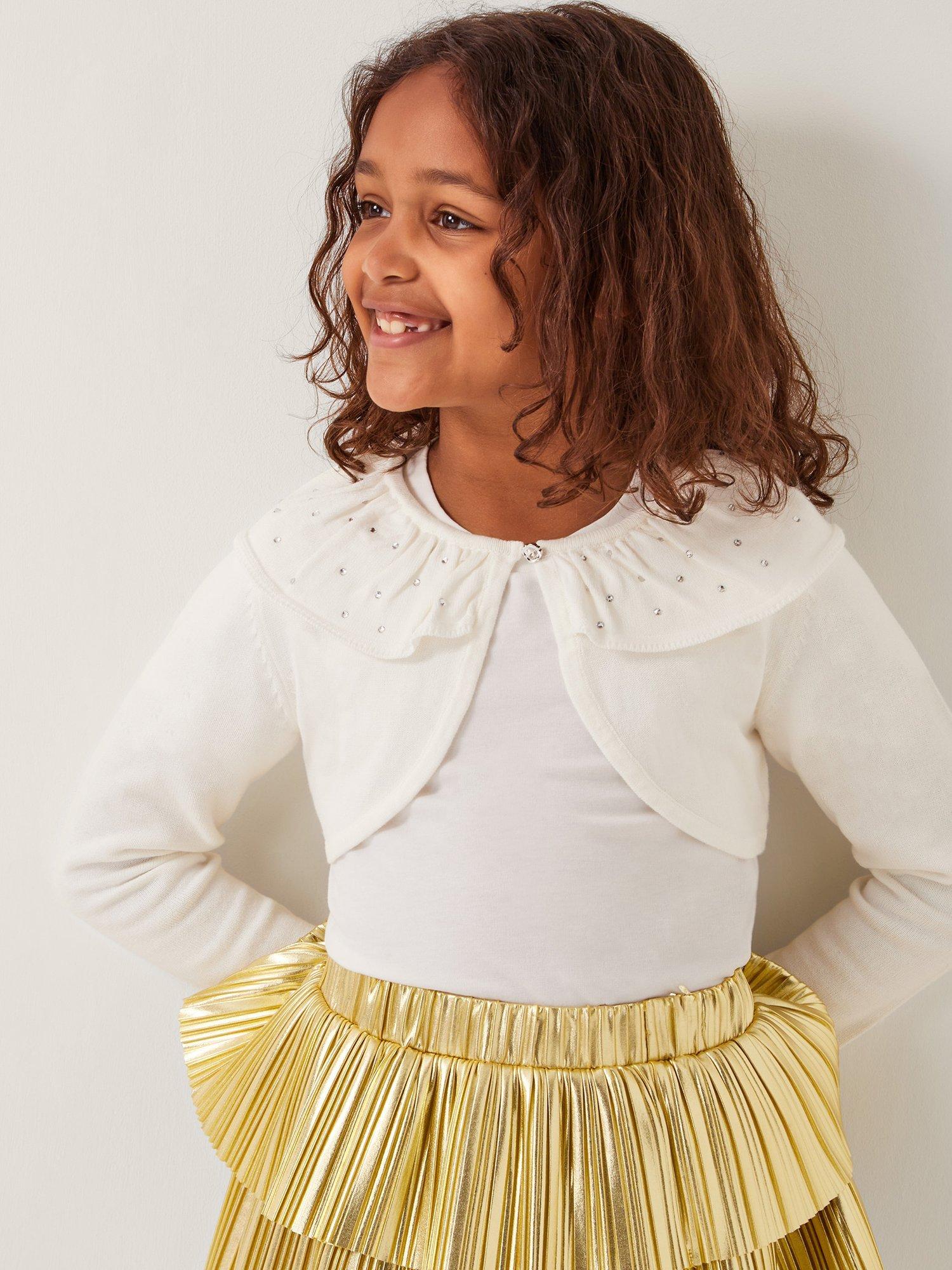 Product image 1 of 4, which shows Monsoon Kids' Cotton Cropped Diamante Cardigan, Ivory, 3-4 years