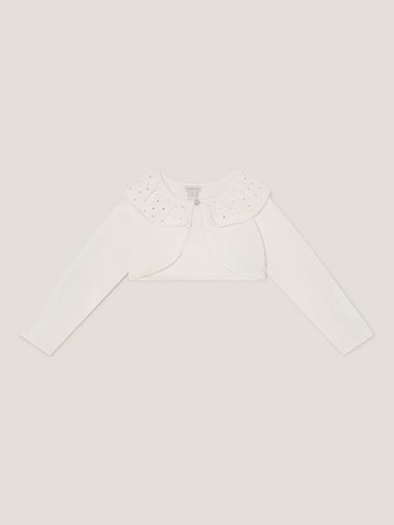 Monsoon Kids' Cotton Cropped Diamante Cardigan, Ivory - view 2, Ivory