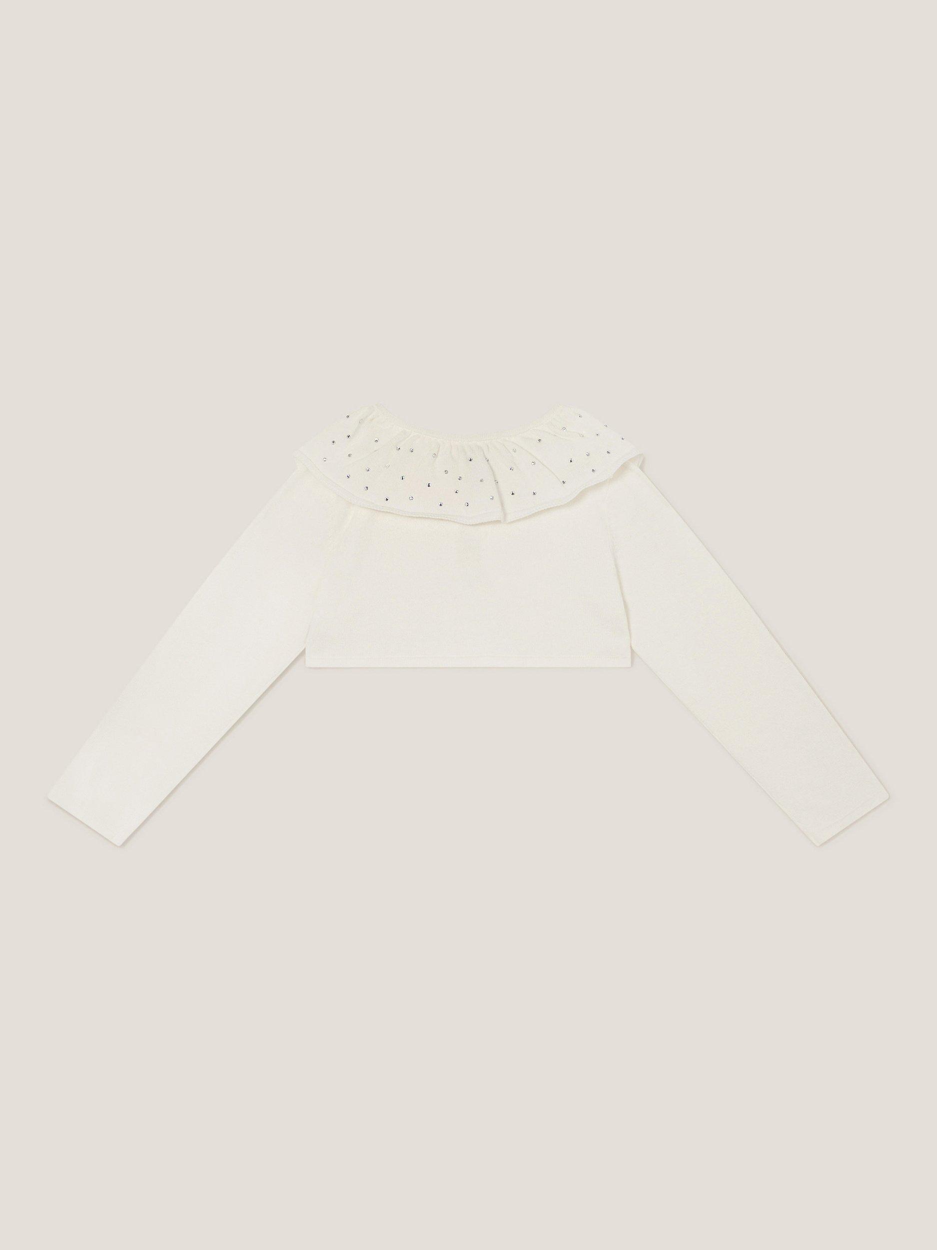 Product image 3 of 4, which shows Monsoon Kids' Cotton Cropped Diamante Cardigan, Ivory, 3-4 years