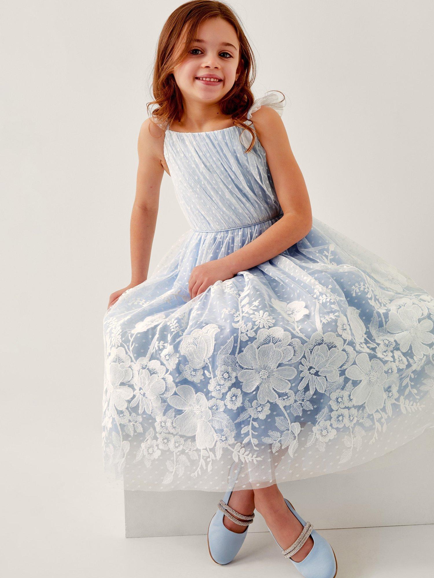 Product image 1 of 5, which shows Monsoon Kids' Abigail Floral Embroidered Mesh Ruffle Dress, Blue, 3 years