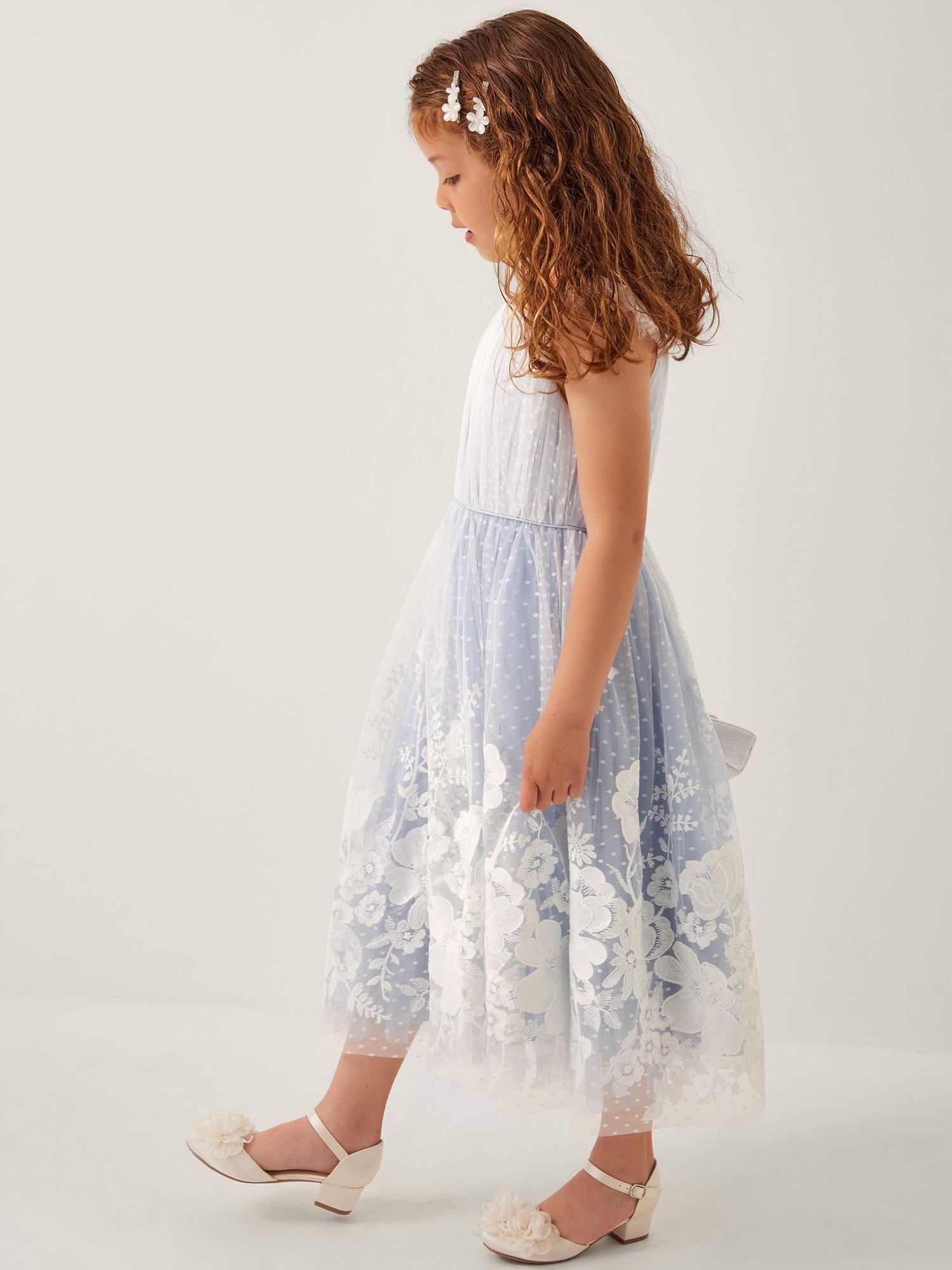 Product image 2 of 5, which shows Monsoon Kids' Abigail Floral Embroidered Mesh Ruffle Dress, Blue, 3 years