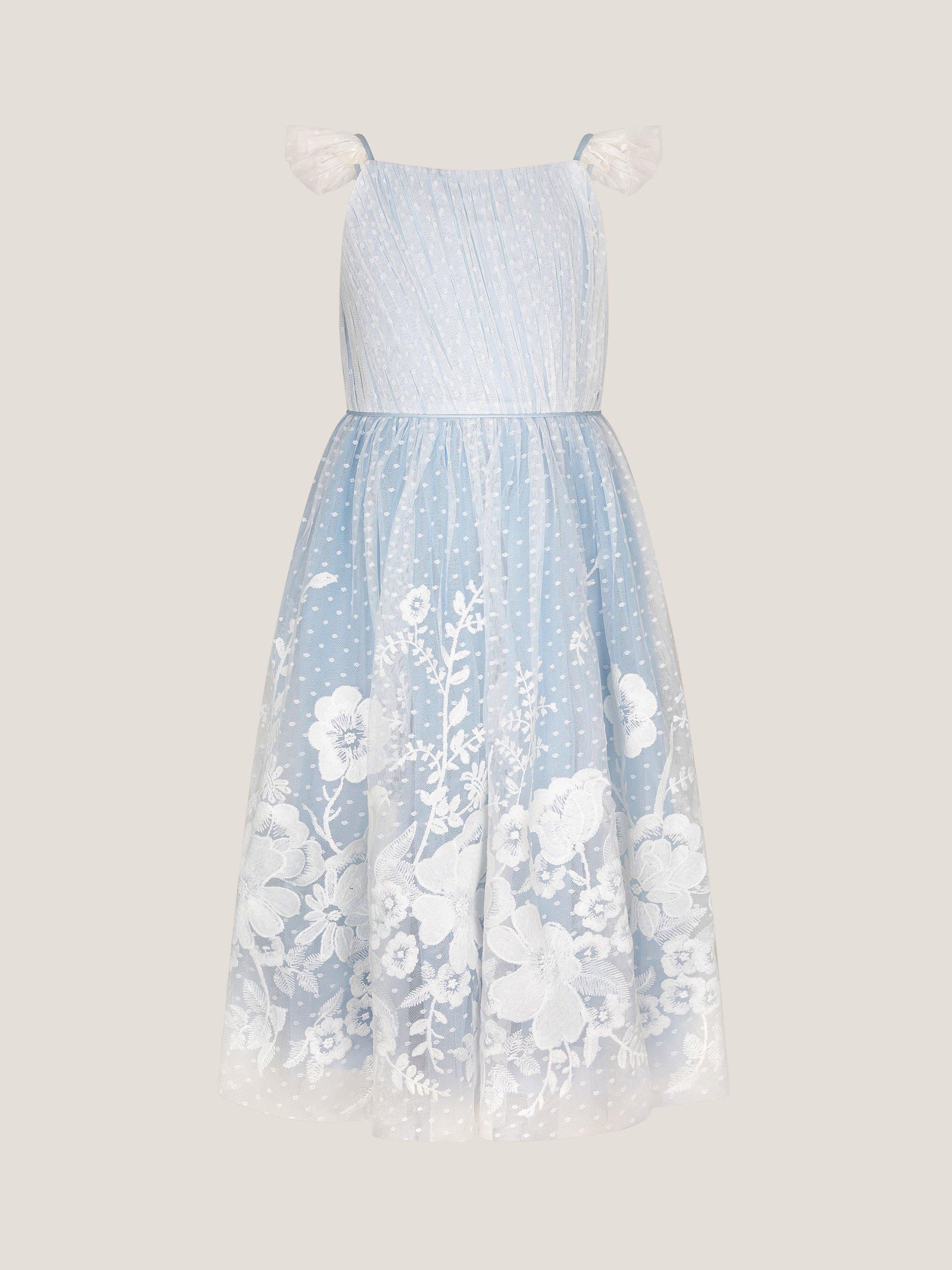 Product image 3 of 5, which shows Monsoon Kids' Abigail Floral Embroidered Mesh Ruffle Dress, Blue, 3 years