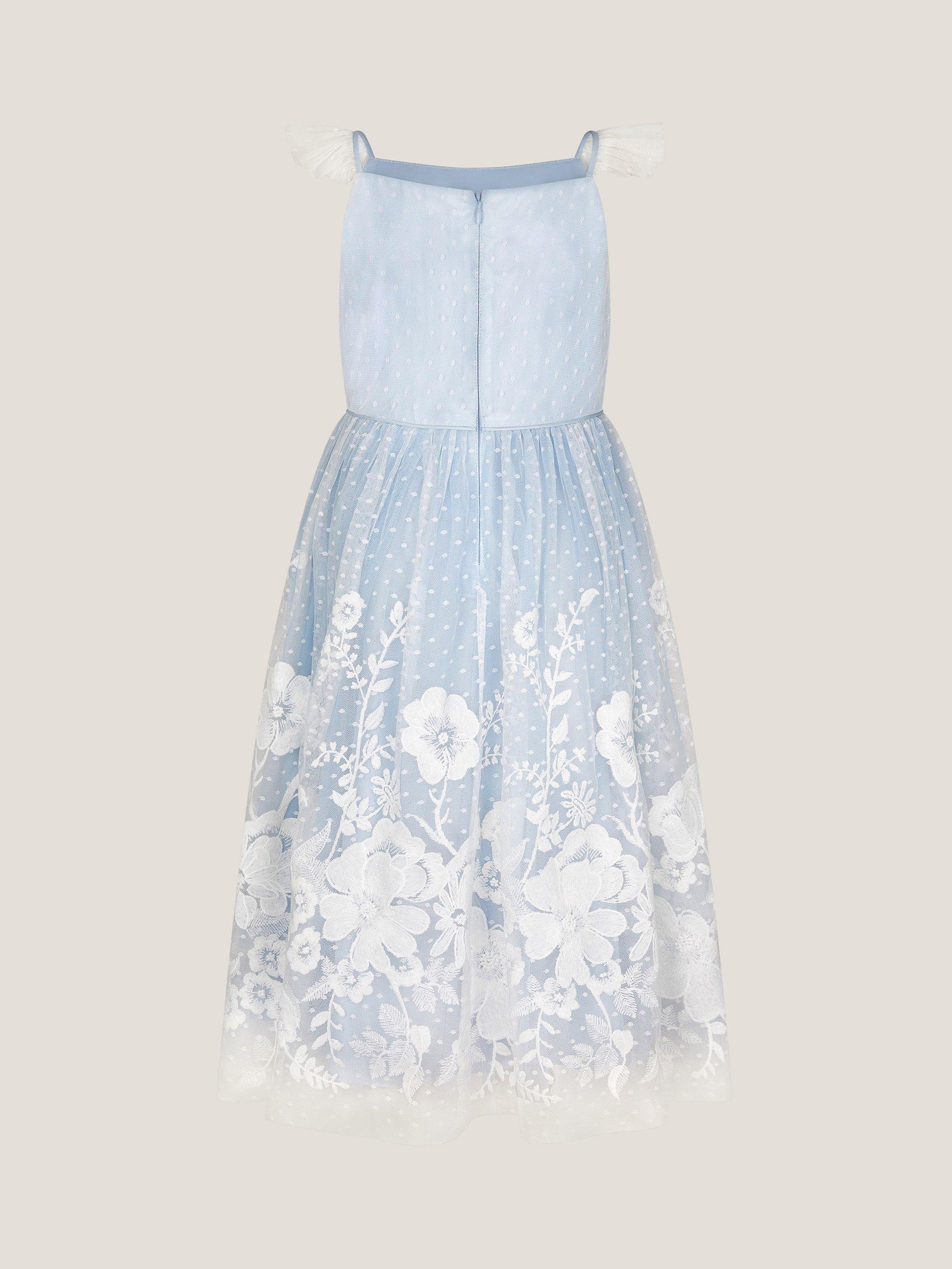 Product image 4 of 5, which shows Monsoon Kids' Abigail Floral Embroidered Mesh Ruffle Dress, Blue, 3 years
