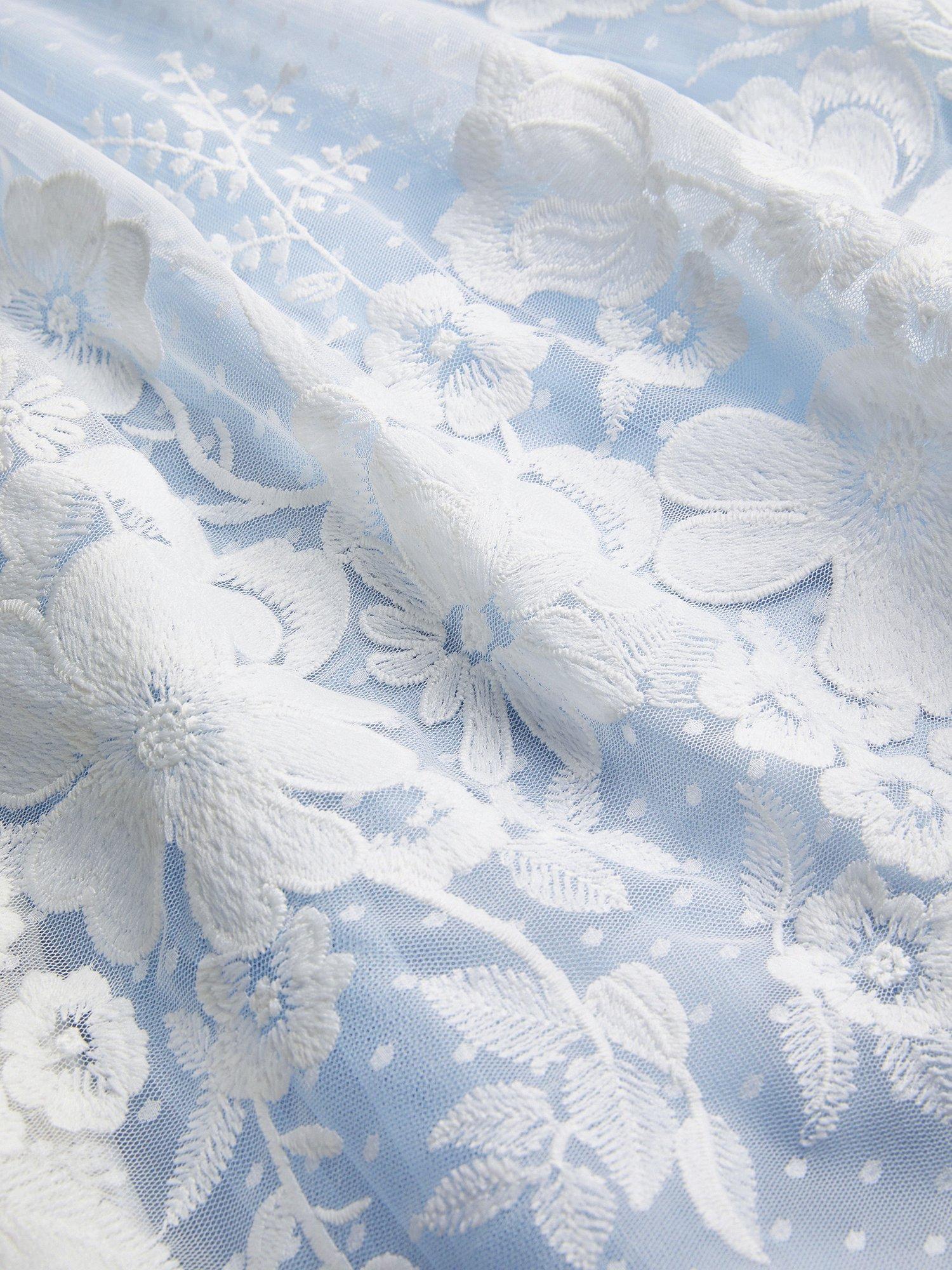 Product image 5 of 5, which shows Monsoon Kids' Abigail Floral Embroidered Mesh Ruffle Dress, Blue, 3 years