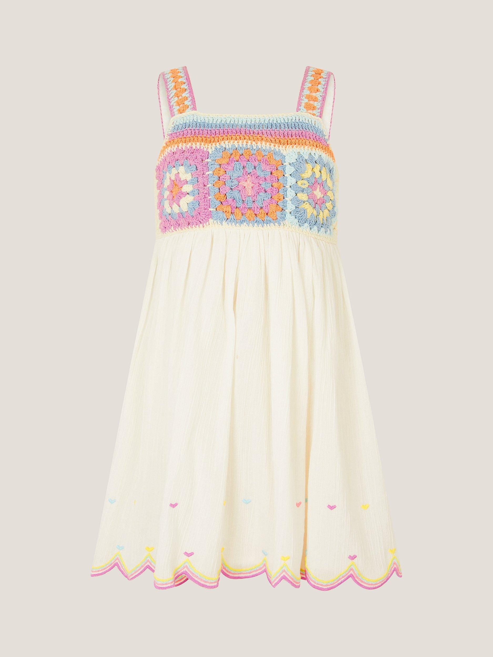 Product image 2 of 4, which shows Monsoon Kids' Cotton Sleeveless Crochet Dress, White, 3-4 years