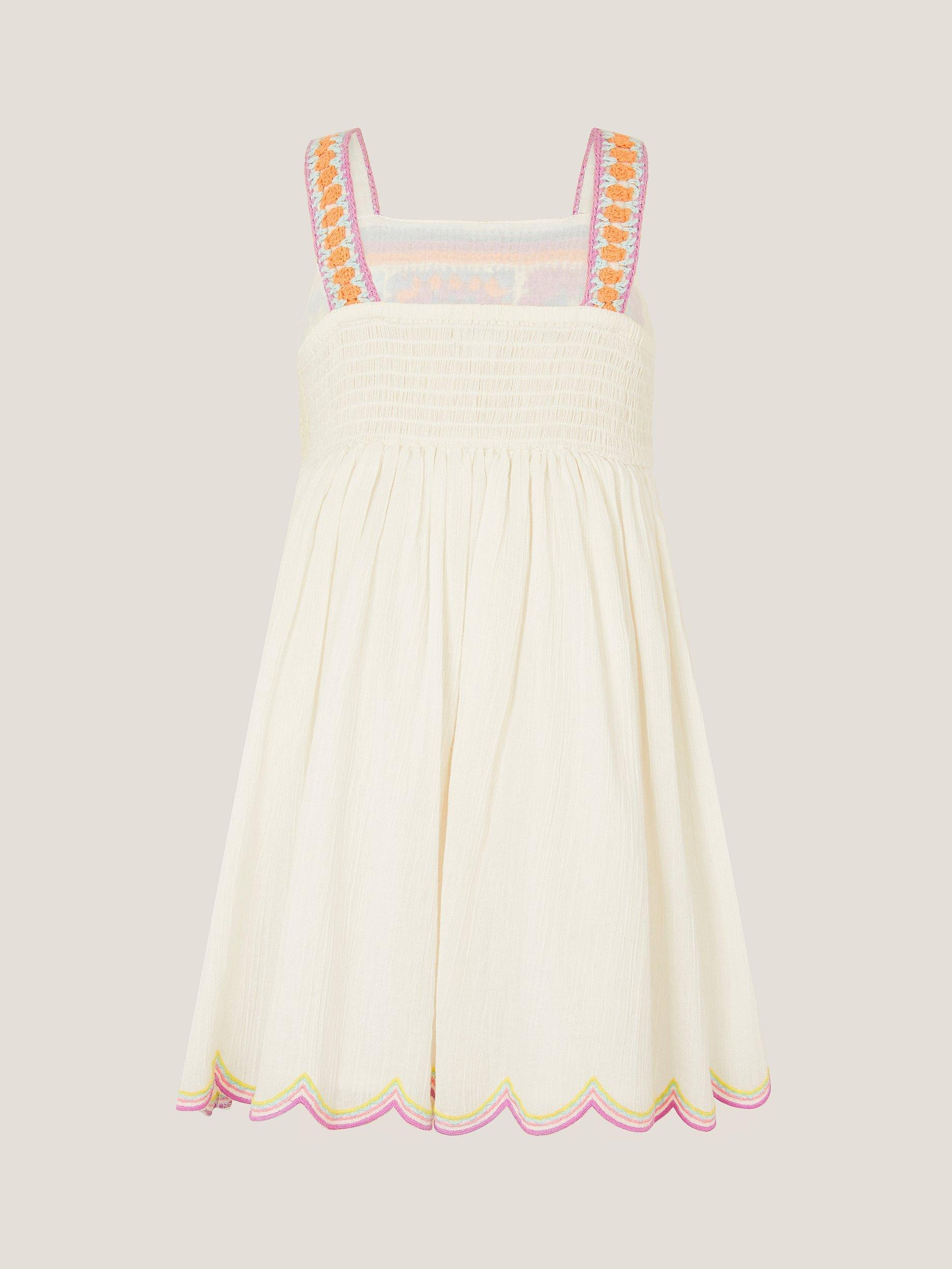 Product image 3 of 4, which shows Monsoon Kids' Cotton Sleeveless Crochet Dress, White, 3-4 years
