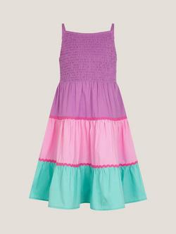 Monsoon Kids' Sleeveless Tiered Colour Block Dress, Pink, Pink