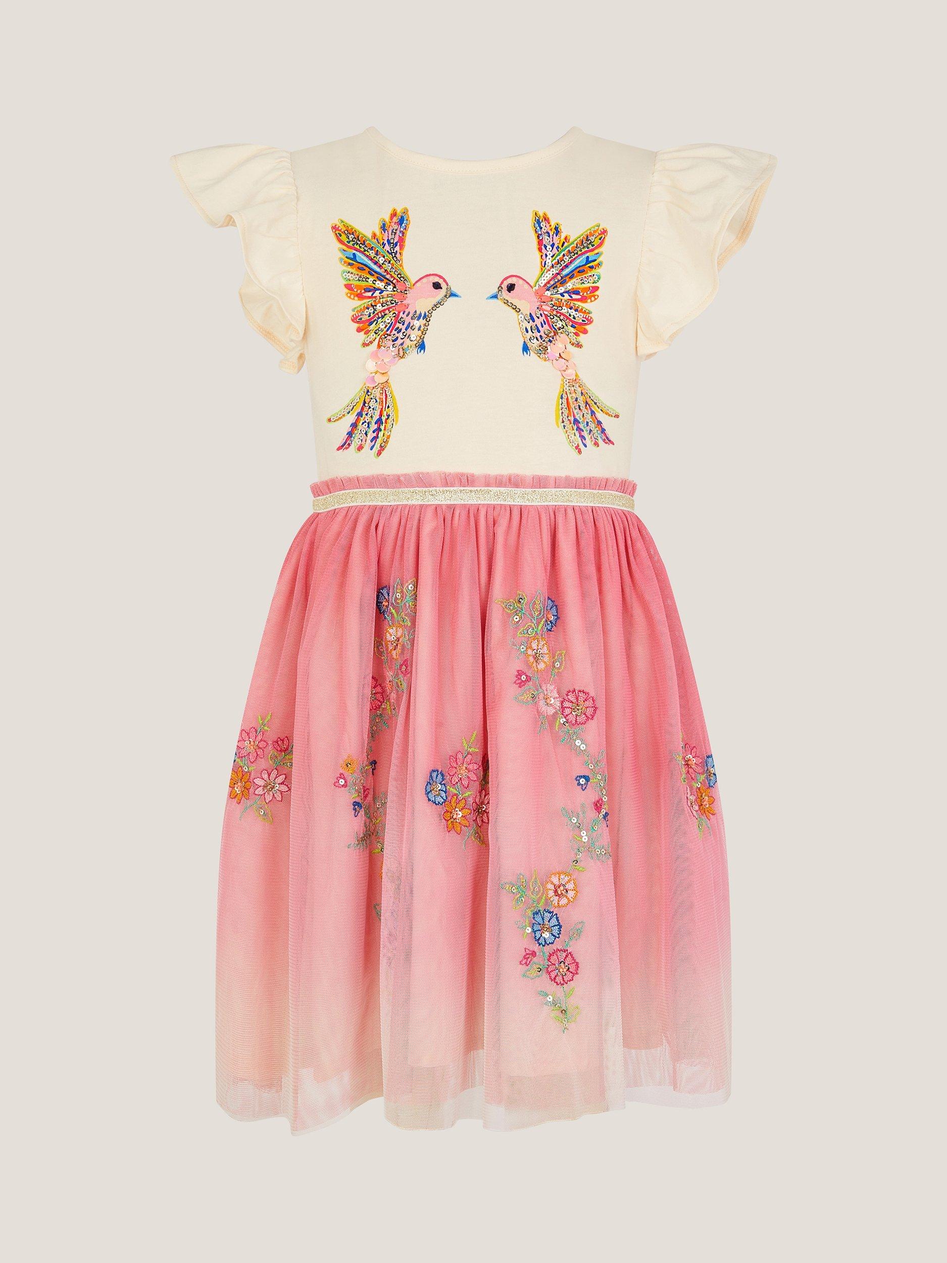 Product image 2 of 4, which shows Monsoon Kids' Ombre Sequin Hummingbird Tulle Dress, Pink, 3-4 years