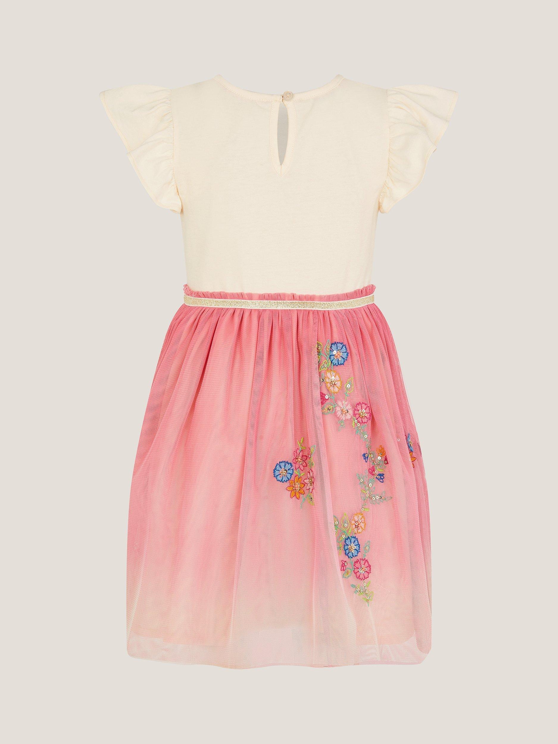Product image 3 of 4, which shows Monsoon Kids' Ombre Sequin Hummingbird Tulle Dress, Pink, 3-4 years