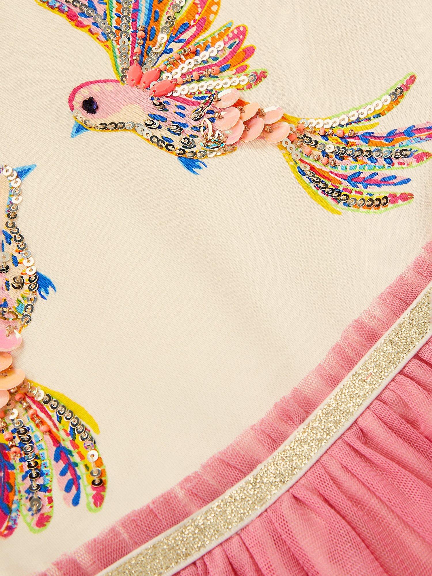 Product image 4 of 4, which shows Monsoon Kids' Ombre Sequin Hummingbird Tulle Dress, Pink, 3-4 years
