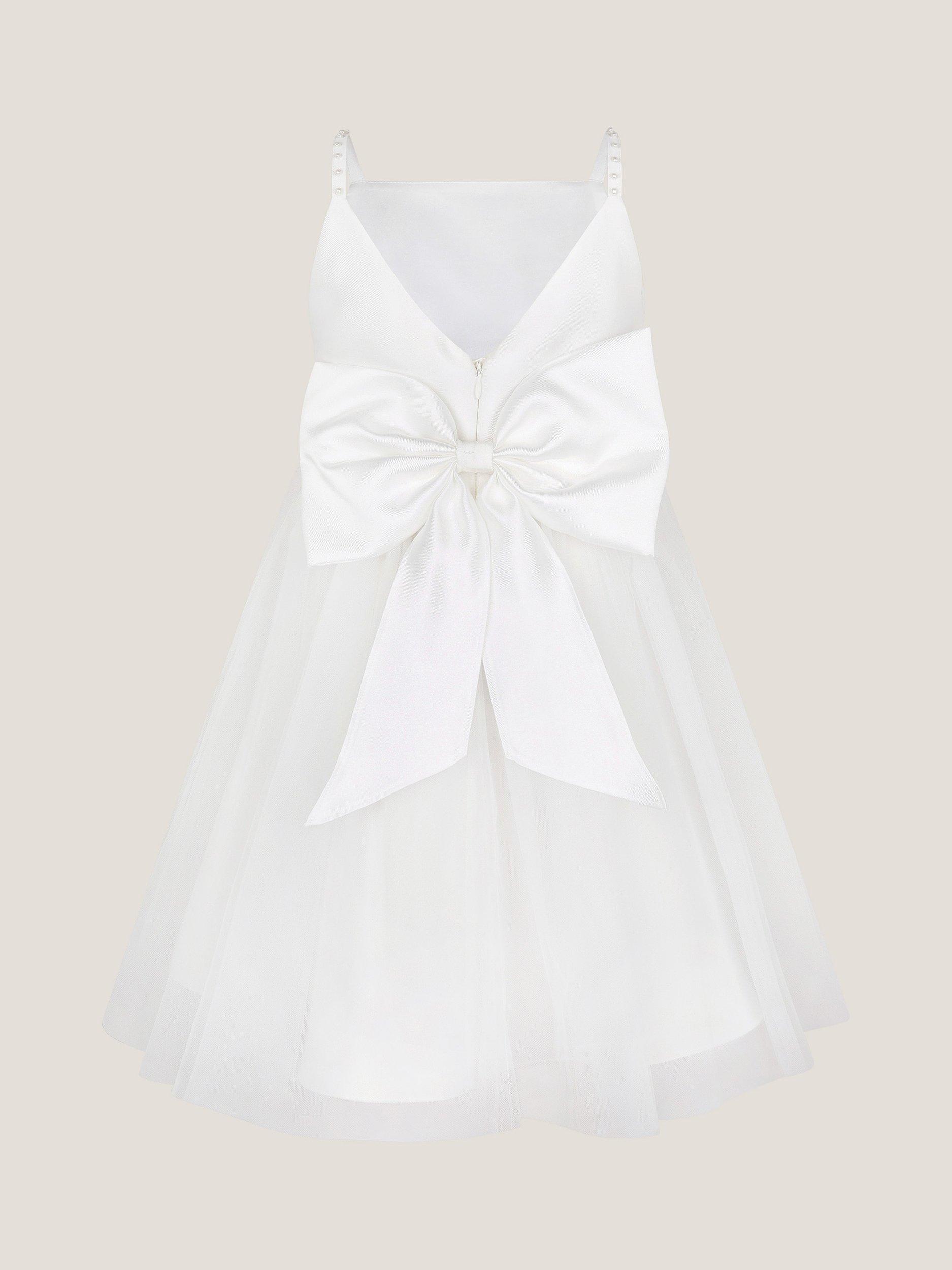 Product image 2 of 4, which shows Monsoon Kids' Sleeveless Pearl Bow Tulle Dress, Ivory, 3 years