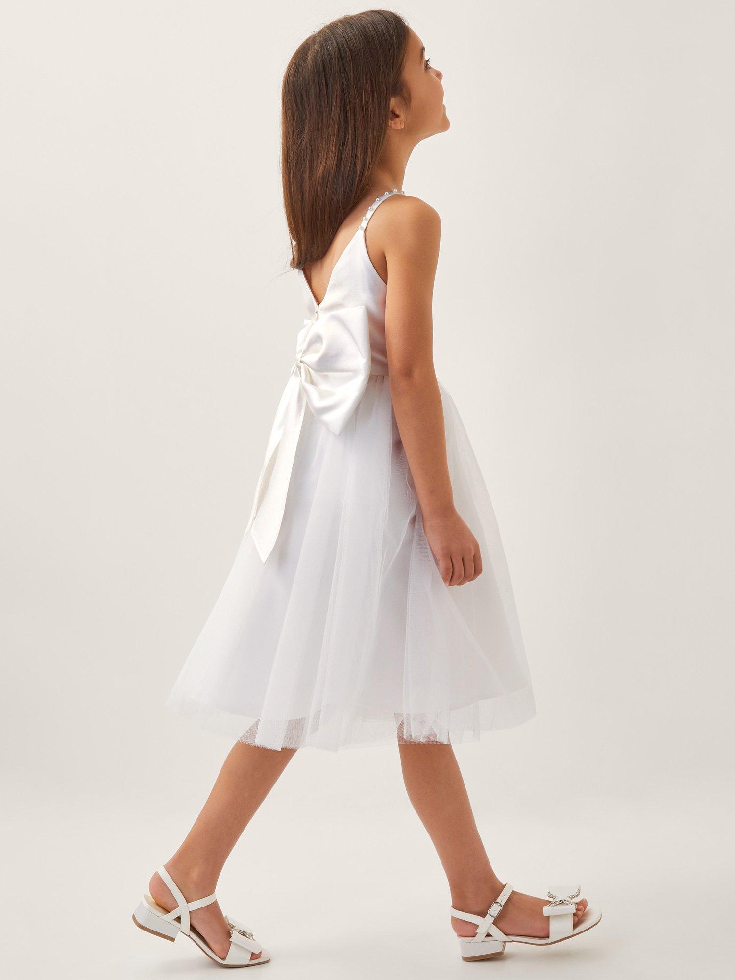 Product image 4 of 4, which shows Monsoon Kids' Sleeveless Pearl Bow Tulle Dress, Ivory, 3 years