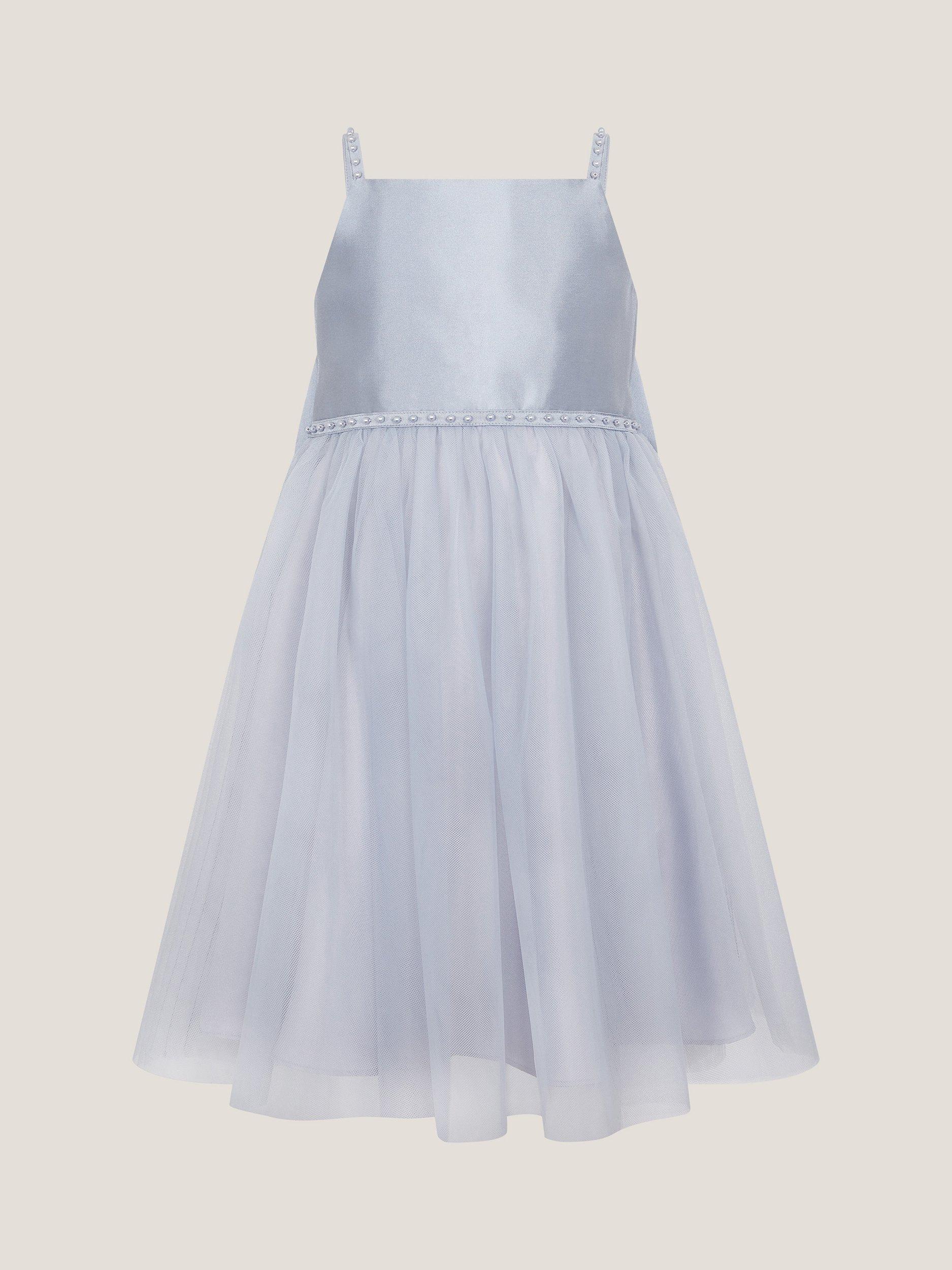 Product image 1 of 4, which shows Monsoon Kids' Sleeveless Pearl Bow Tulle Dress, Blue, 3 years