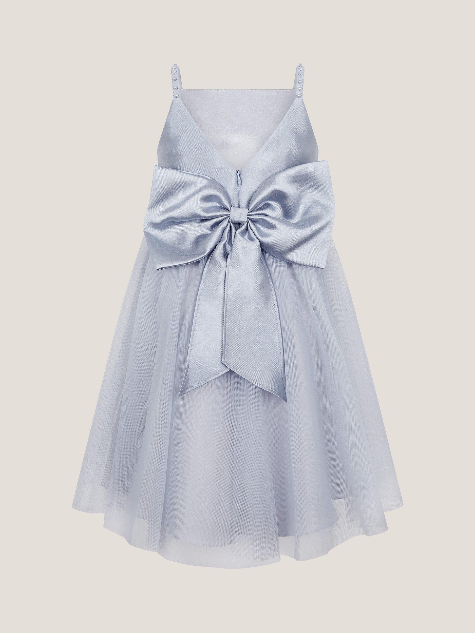 Product image 2 of 4, which shows Monsoon Kids' Sleeveless Pearl Bow Tulle Dress, Blue, 3 years