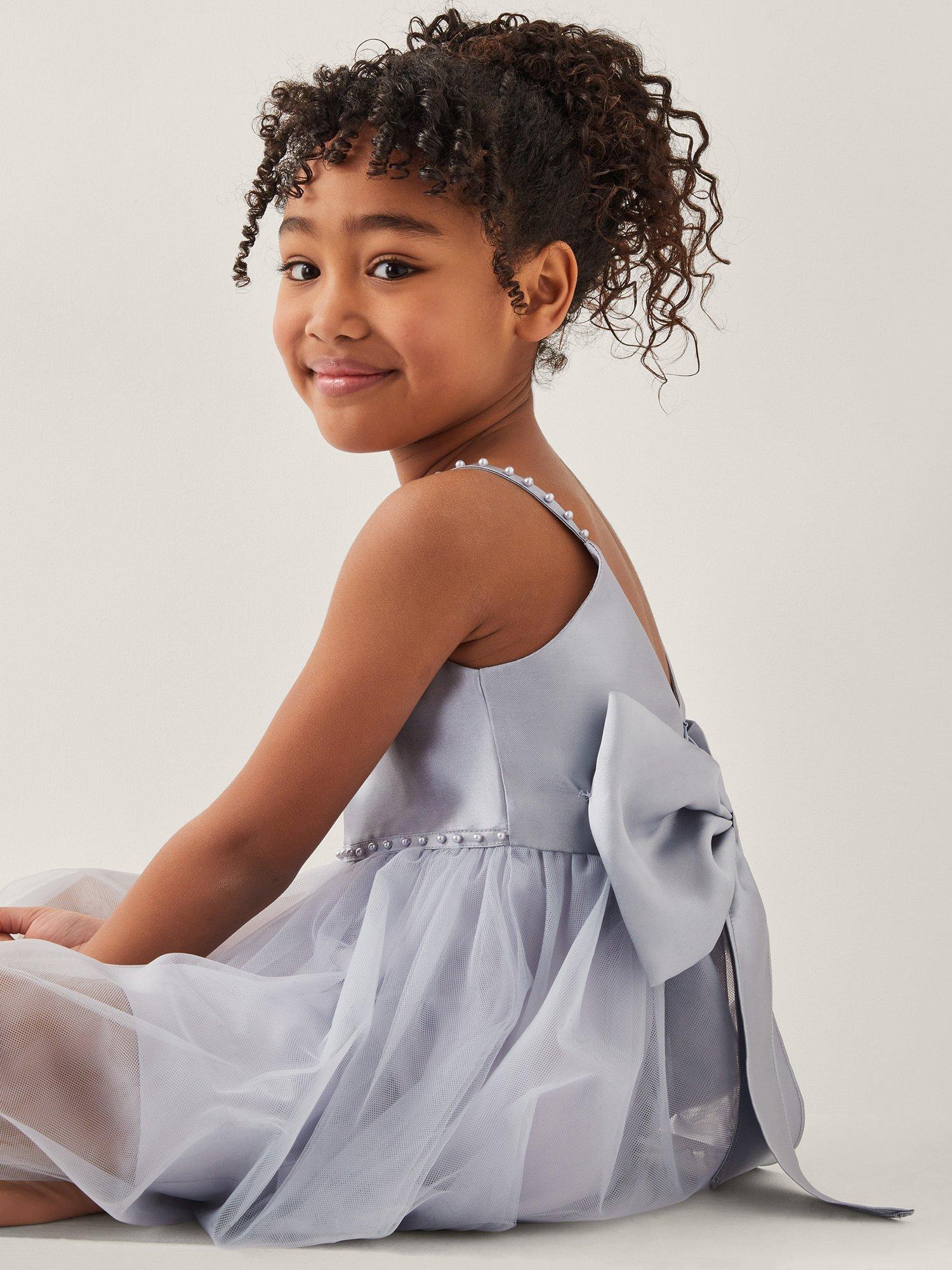 Product image 4 of 4, which shows Monsoon Kids' Sleeveless Pearl Bow Tulle Dress, Blue, 3 years