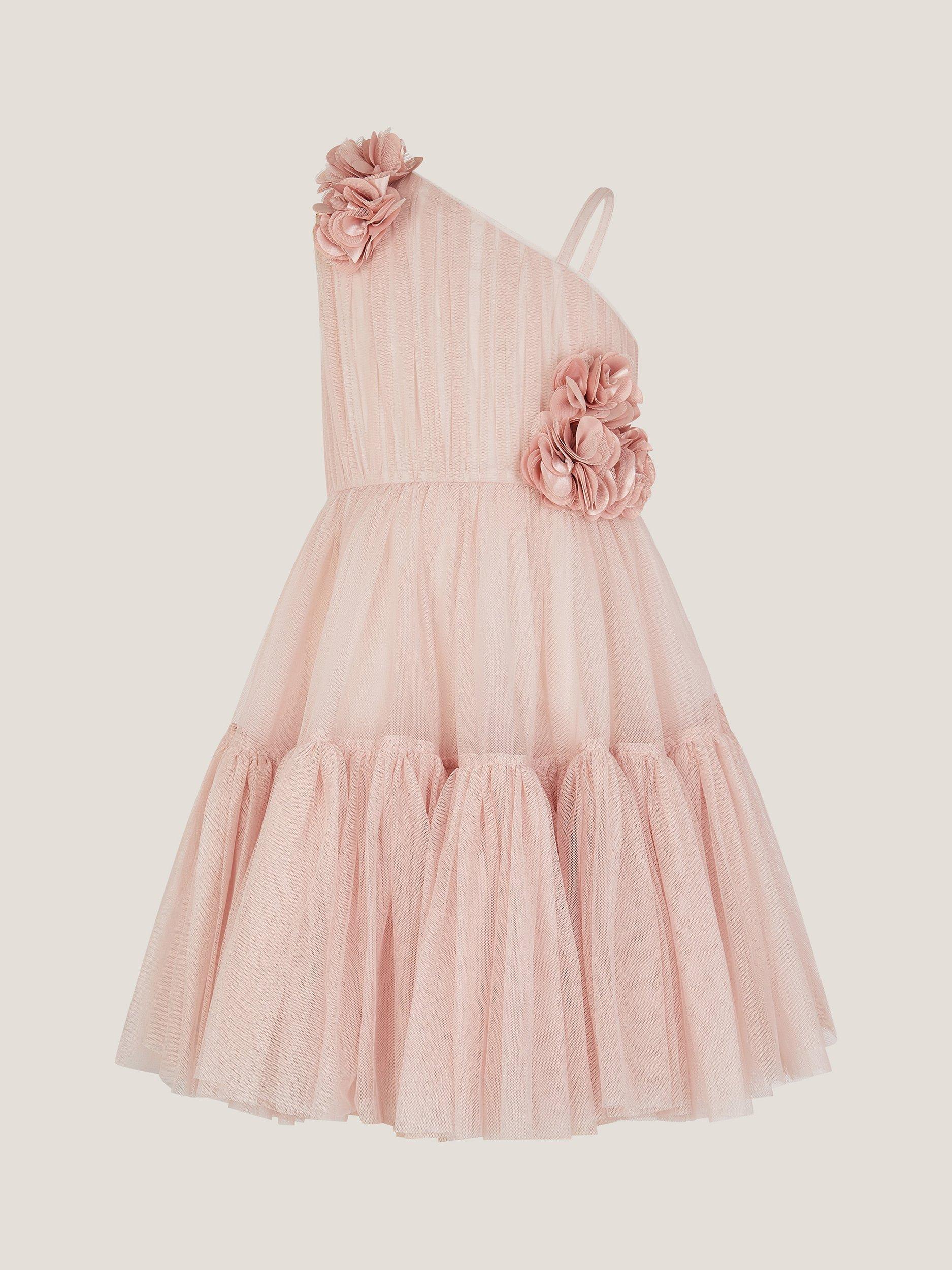 Product image 1 of 3, which shows Monsoon Kids' Ruby Flower Asymmetric Dress , Pink, 3 years