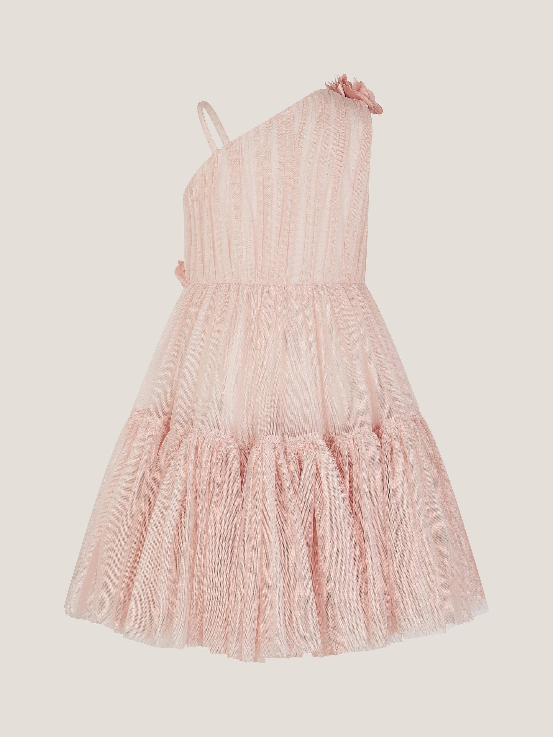 Product image 2 of 3, which shows Monsoon Kids' Ruby Flower Asymmetric Dress , Pink, 3 years