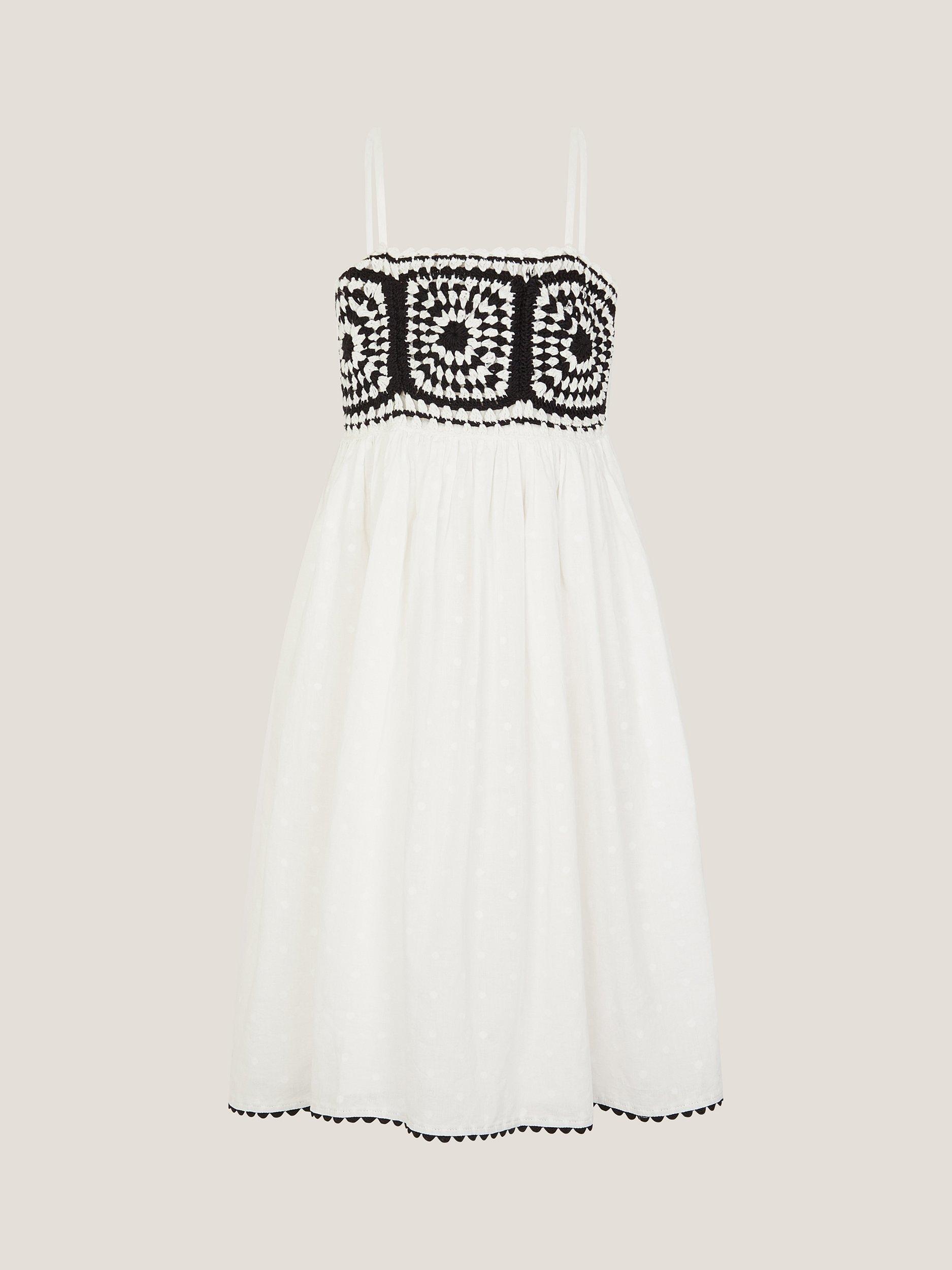 Product image 1 of 3, which shows Monsoon Kids' Cotton Sleeveless Crochet Dress, Ivory, 7-8 years