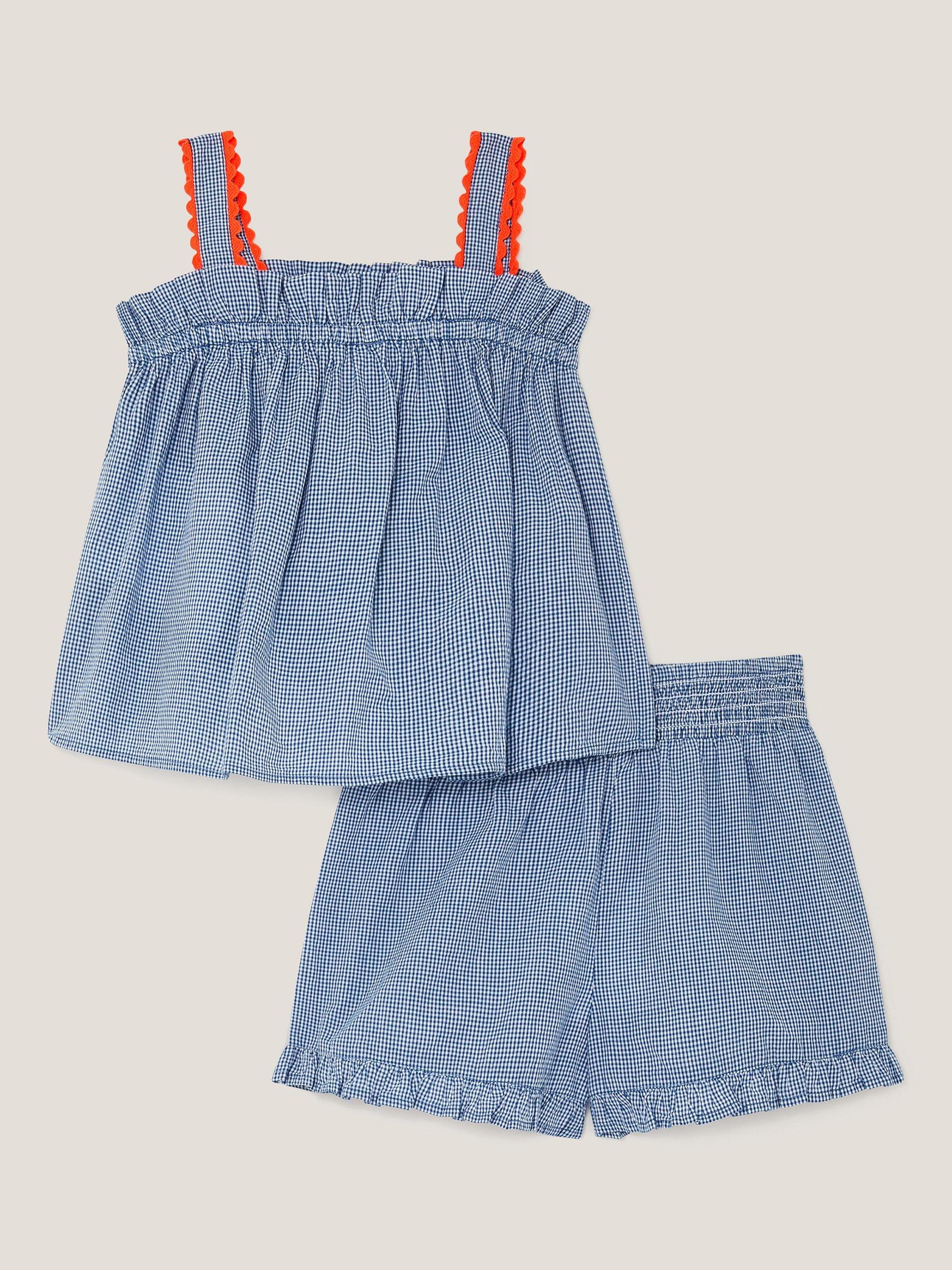 Product image 3 of 3, which shows Monsoon Kids' Cotton Gingham Blouse and Shorts Set, Blue, 3-4 years