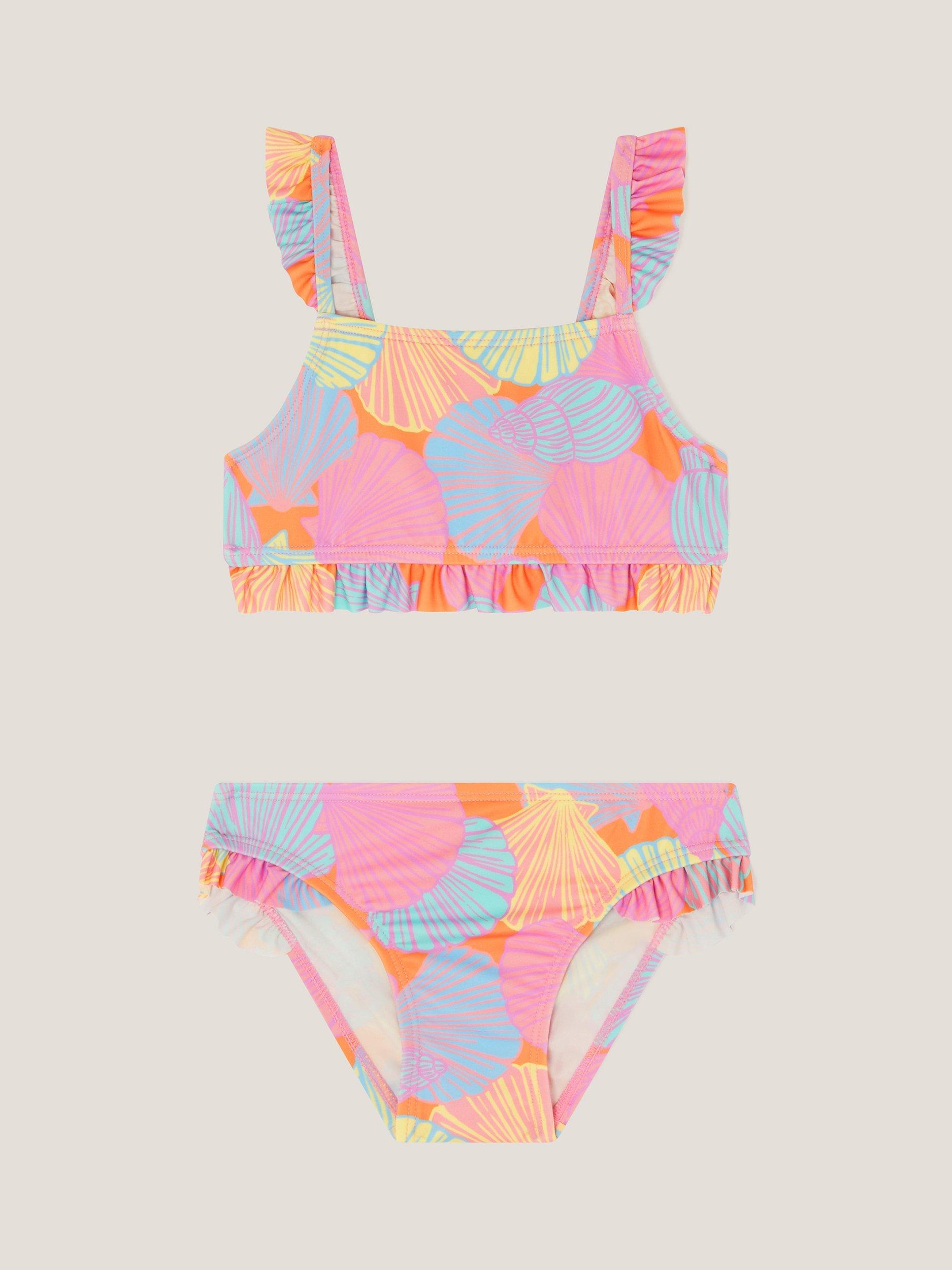 Product image 1 of 3, which shows Monsoon Kids' Jelly Haze Seashell Print Bikini, Multi, 3-4 years