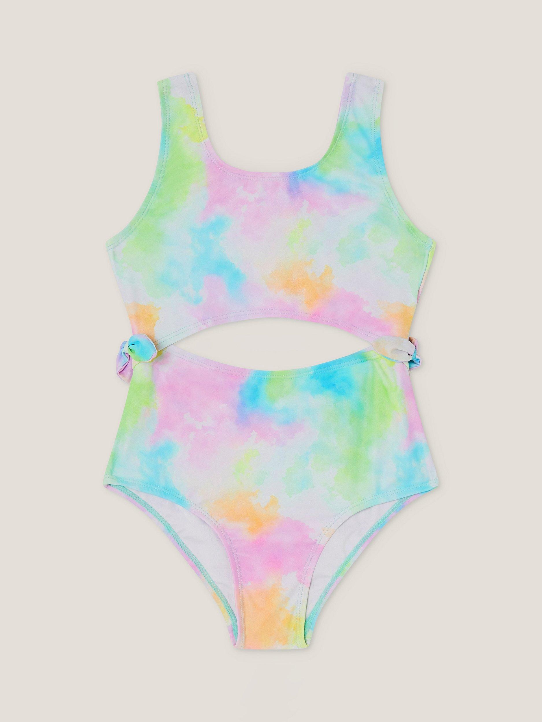 Product image 1 of 3, which shows Monsoon Kids' Jelly Haze Cut Out Bow Side Swimsuit, Multi, 3-4 years