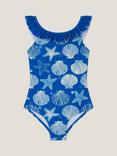 Monsoon Kids' Seashell Print Frill Swimsuit, Navy