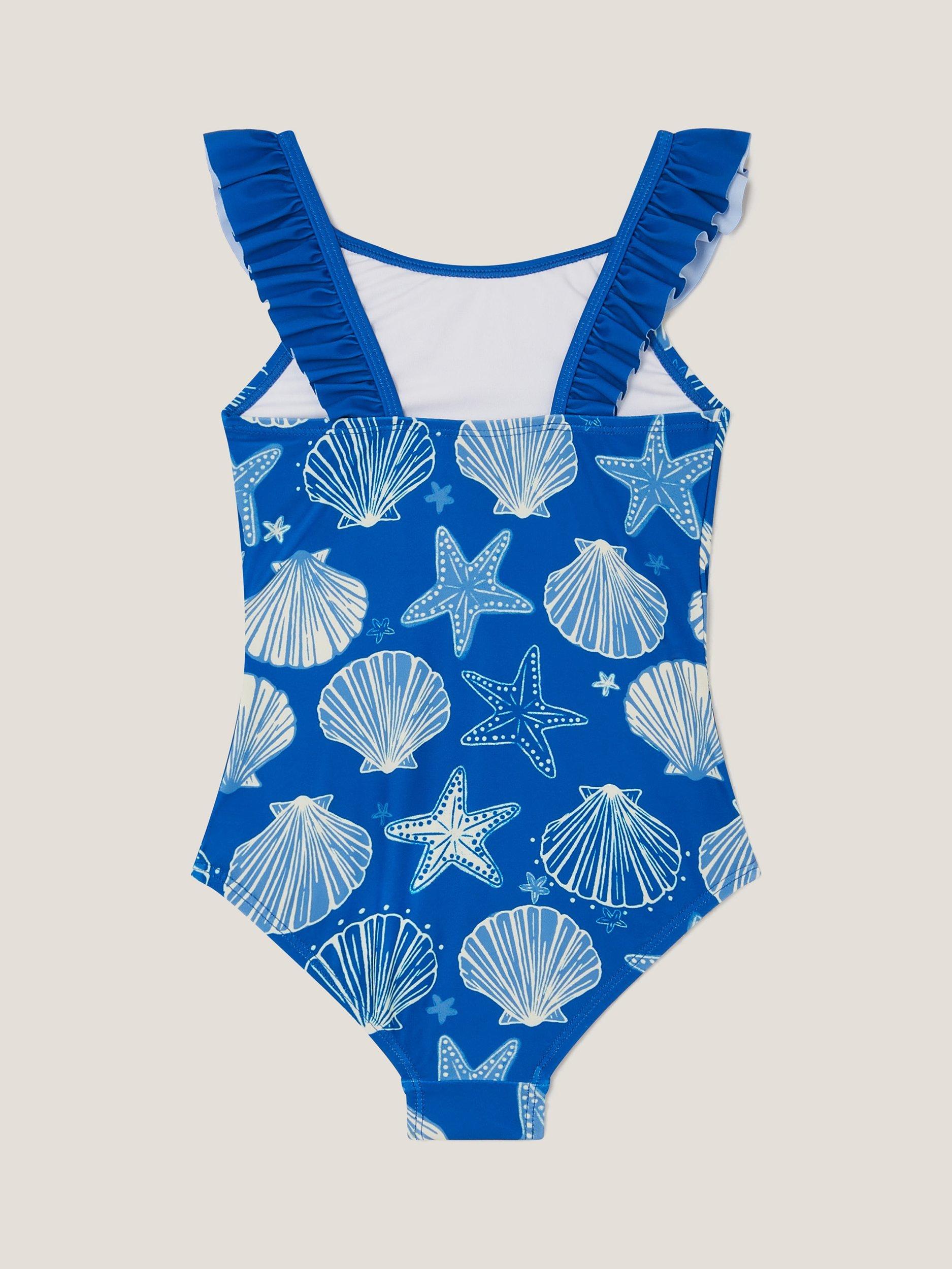 Product image 2 of 3, which shows Monsoon Kids' Seashell Print Frill Swimsuit, Navy, 3-4 years