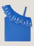 Monsoon Kids' Cotton Broderie One Shoulder Top, Blue