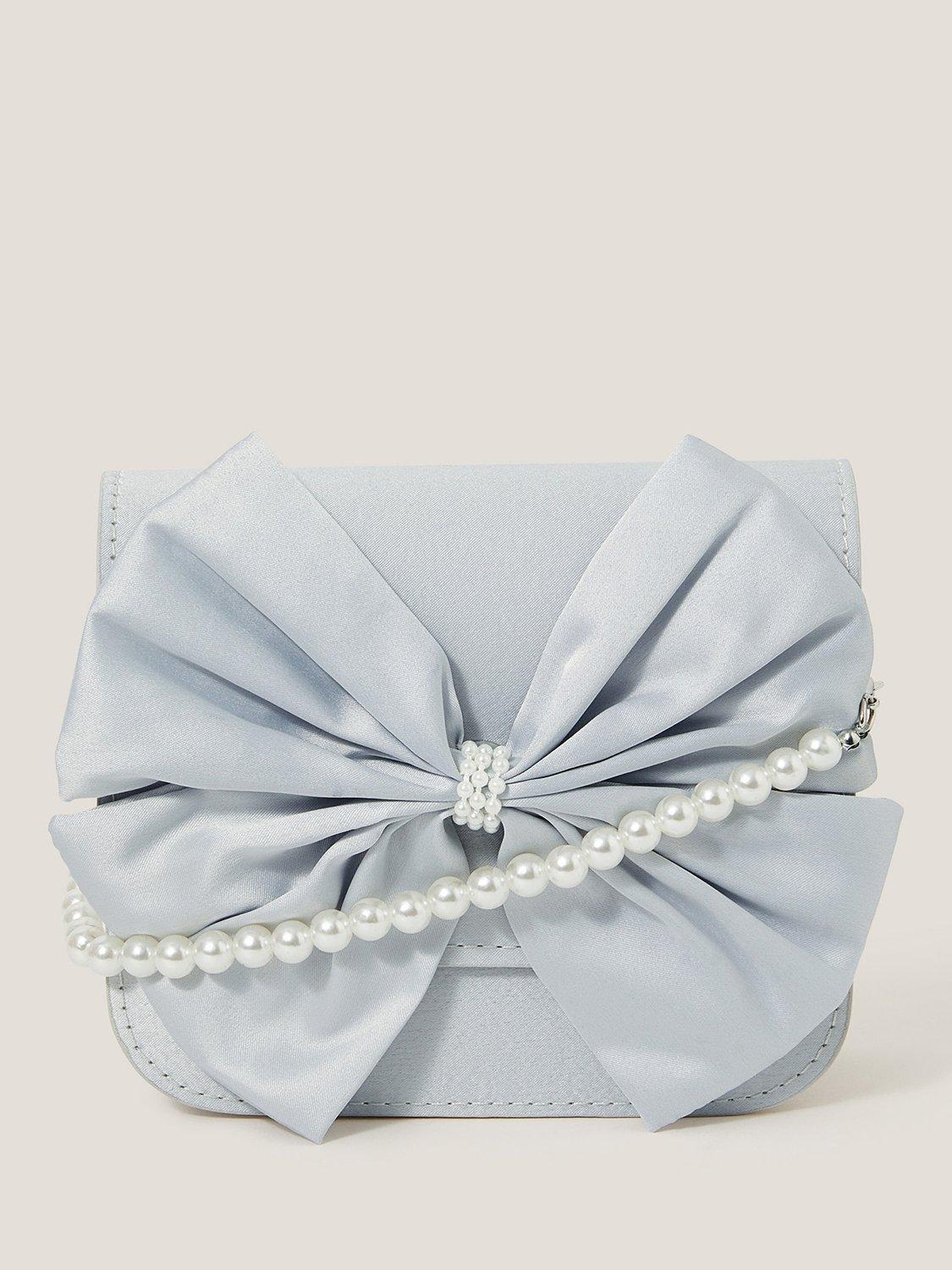 Product image 1 of 4, which shows Monsoon Kids' Bridesmaid Satin Bow Mini Bag, Pale Blue, One Size