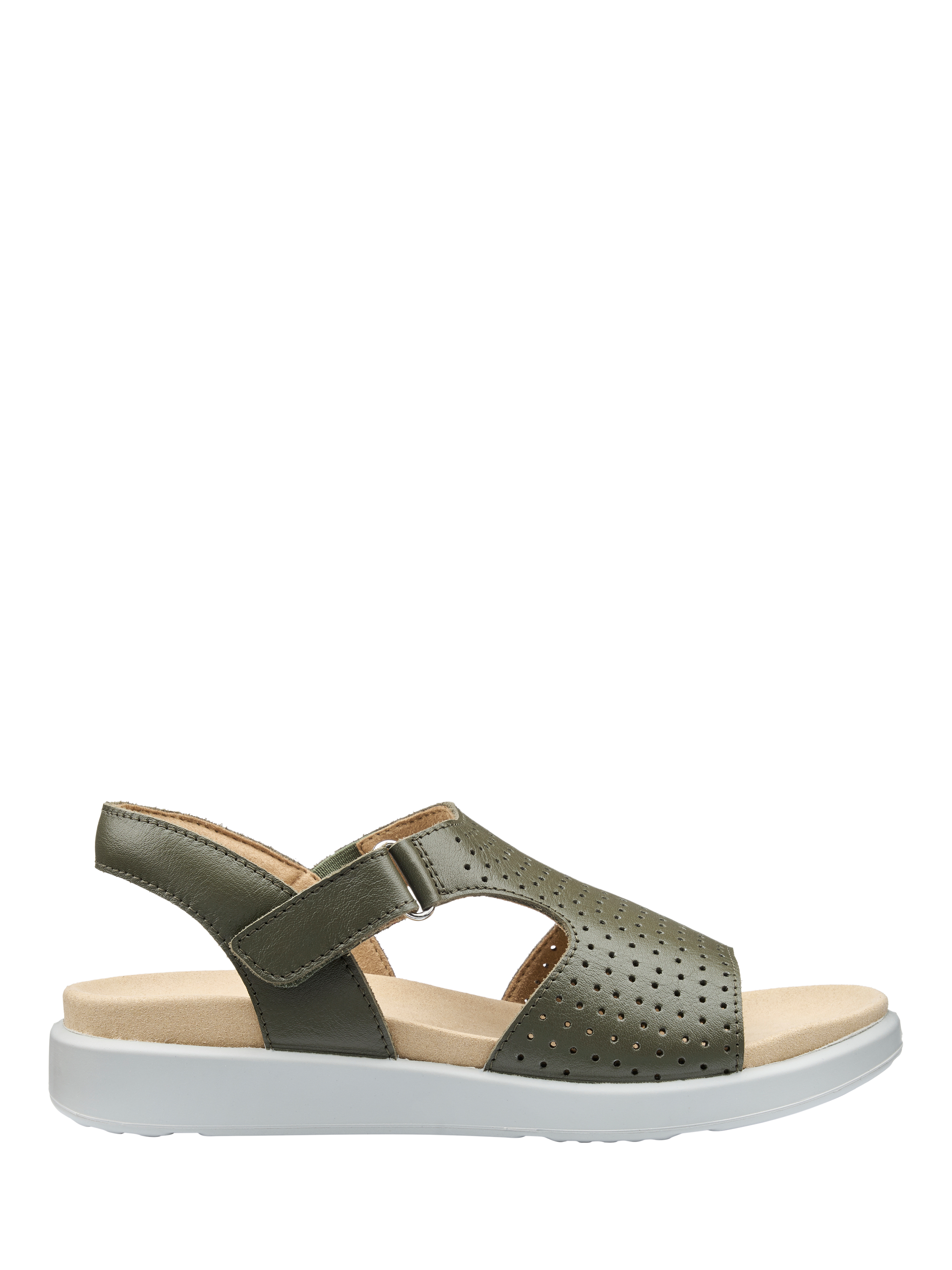 Product image 1 of 5, which shows Hotter Marbella Wide Fit Leather Perforated Footbed Sandals, Khaki, 3