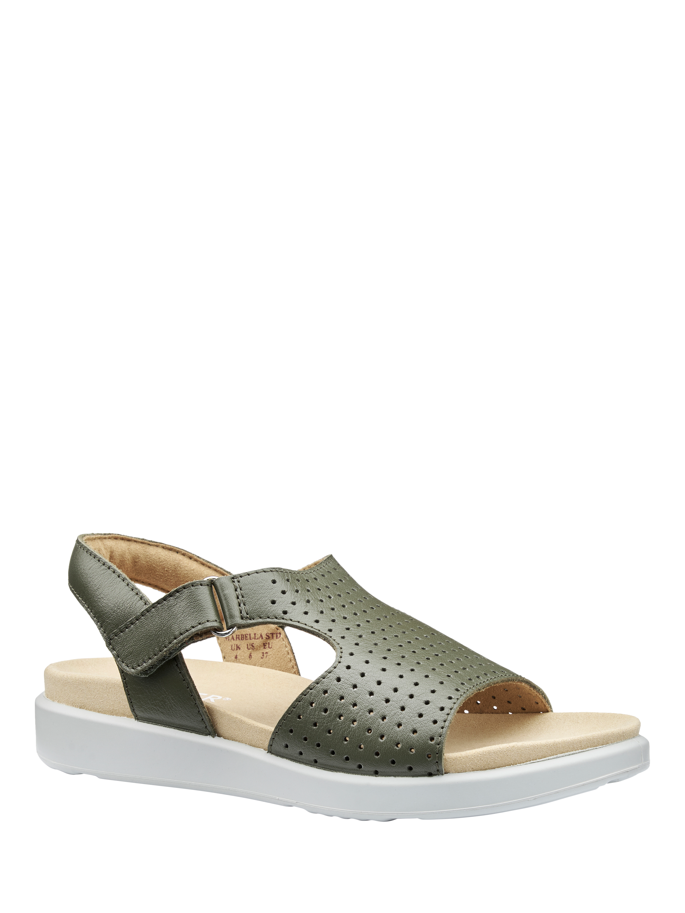 Product image 2 of 5, which shows Hotter Marbella Wide Fit Leather Perforated Footbed Sandals, Khaki, 3