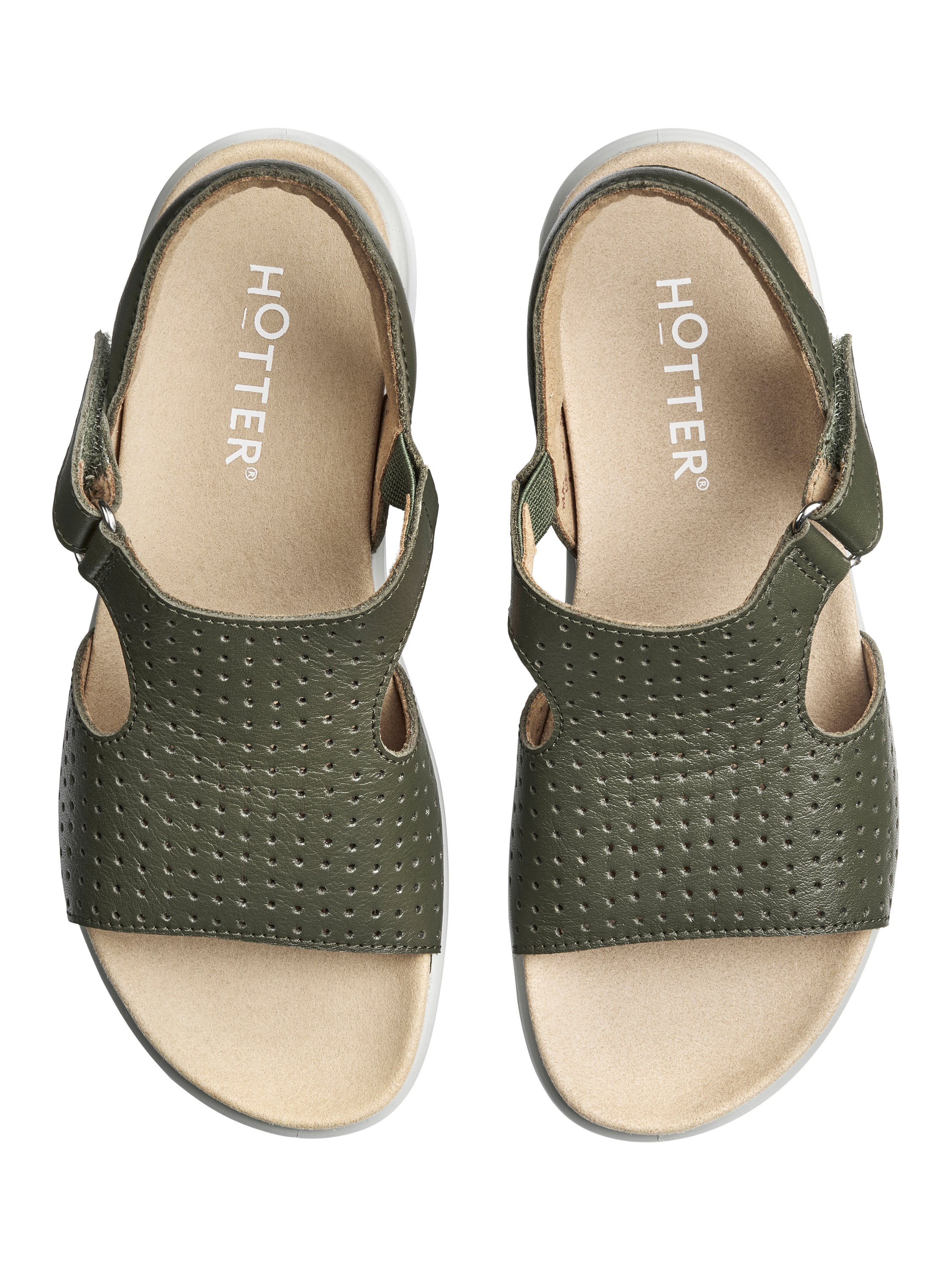Product image 3 of 5, which shows Hotter Marbella Wide Fit Leather Perforated Footbed Sandals, Khaki, 3