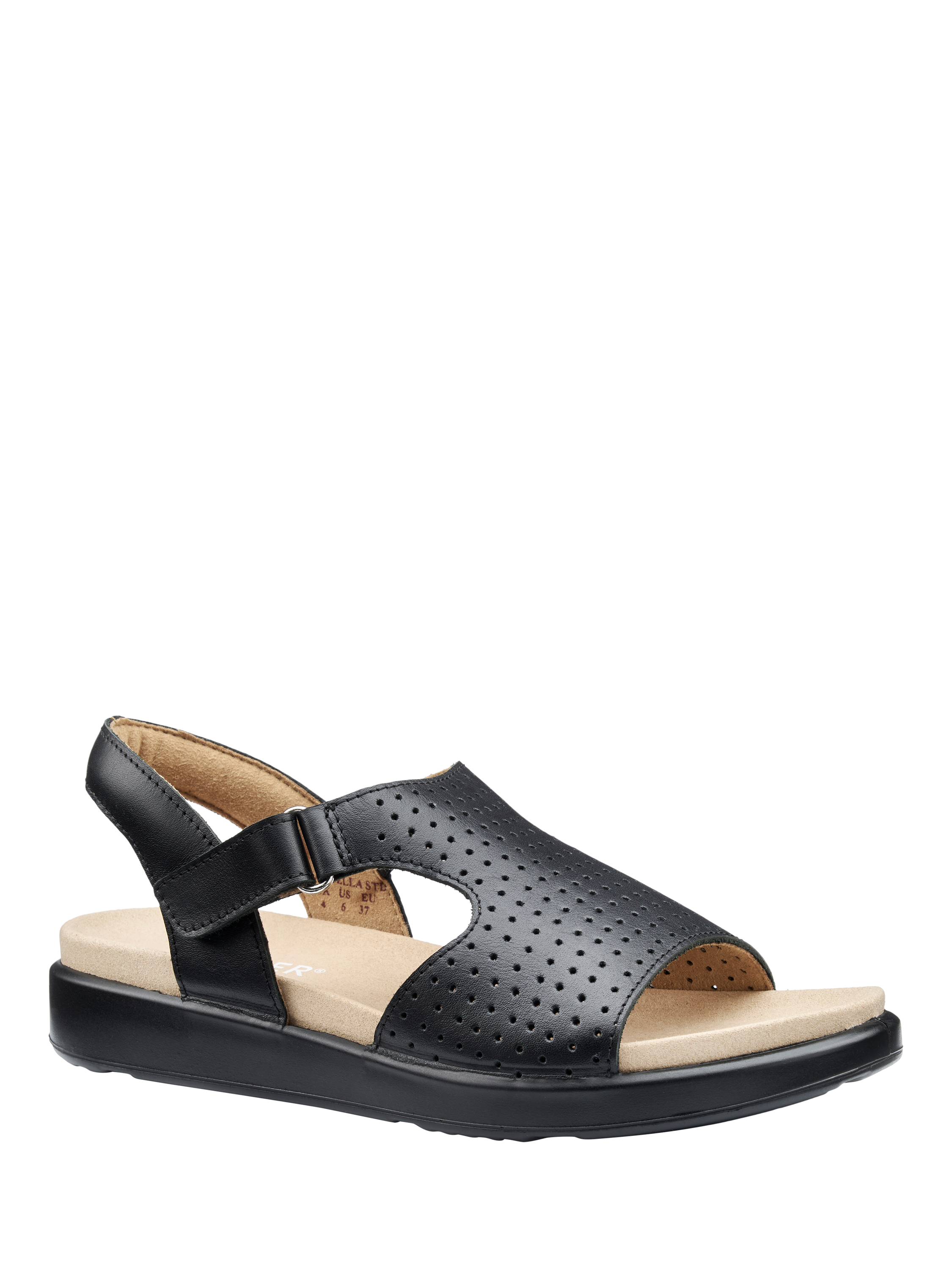 Product image 2 of 4, which shows Hotter Marbella Wide Fit Leather Perforated Footbed Sandals, Black, 3