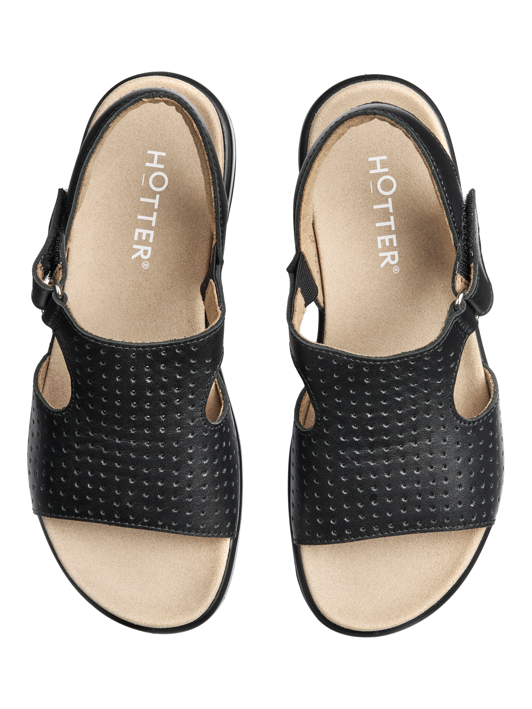 Product image 3 of 4, which shows Hotter Marbella Wide Fit Leather Perforated Footbed Sandals, Black, 3
