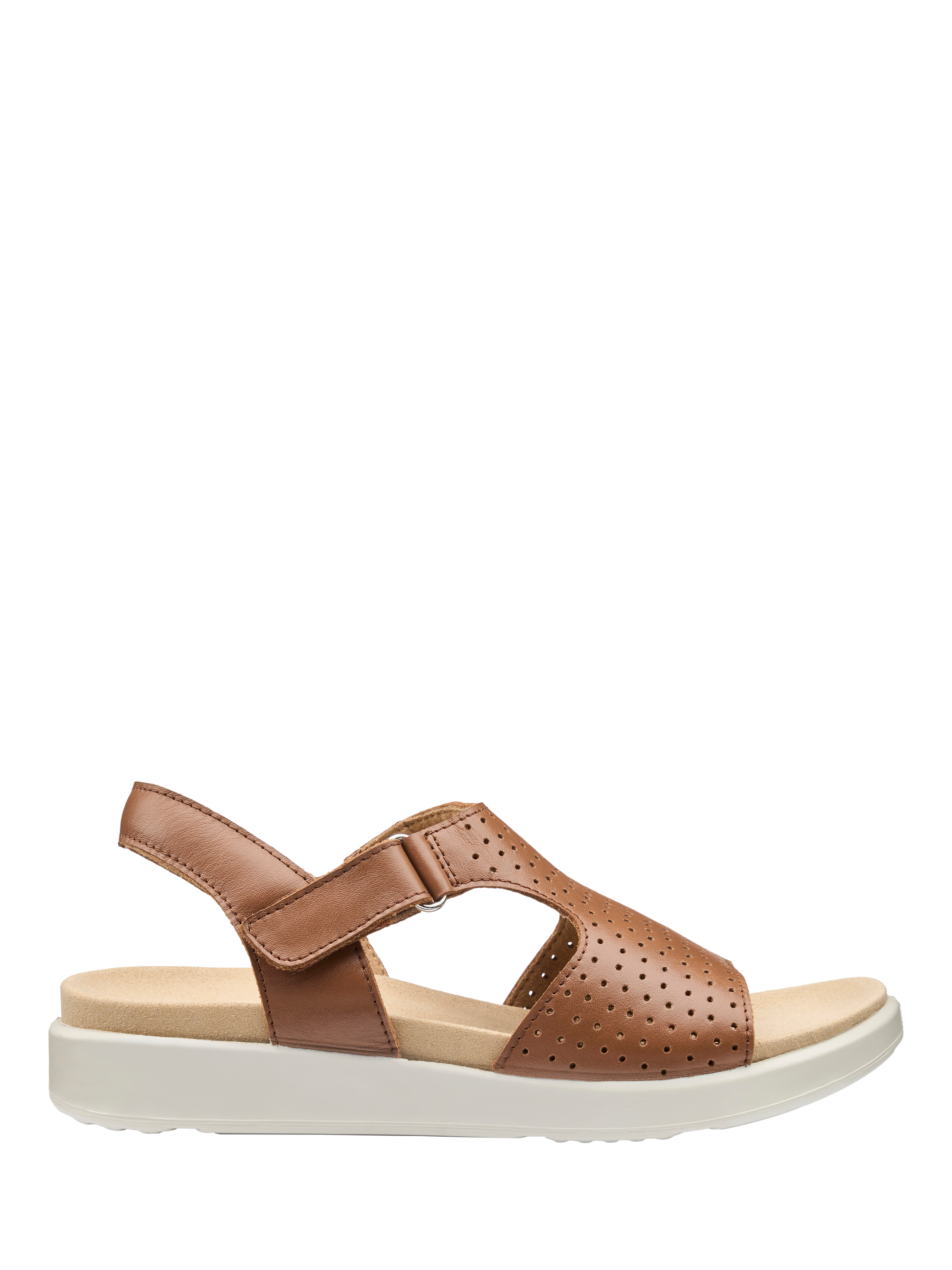 Product image 1 of 4, which shows Hotter Marbella Wide Fit Leather Perforated Footbed Sandals, Rich Tan, 3W