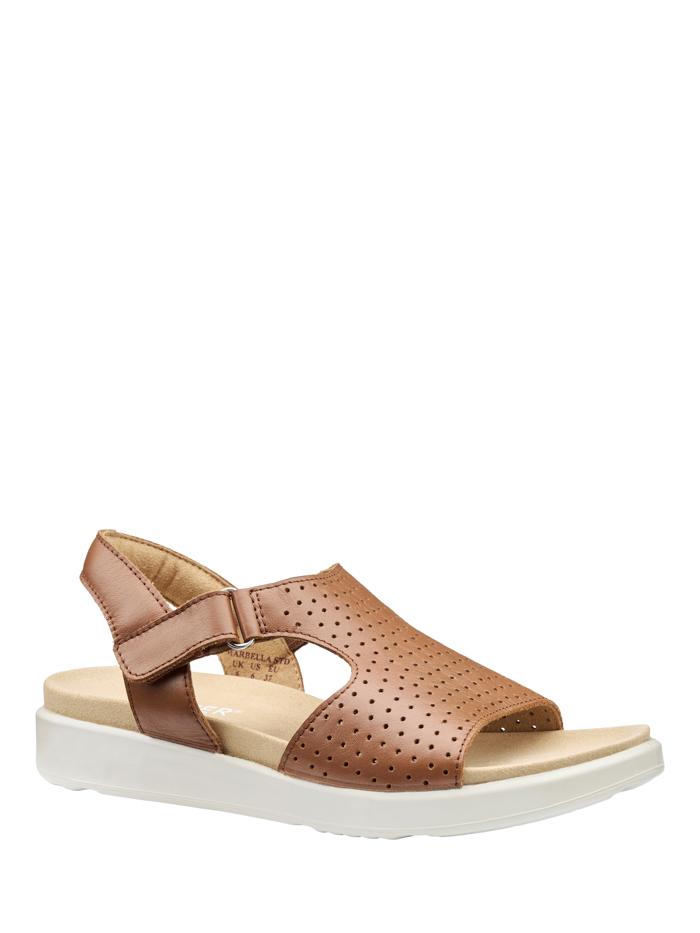 Product image 2 of 4, which shows Hotter Marbella Wide Fit Leather Perforated Footbed Sandals, Rich Tan, 3W