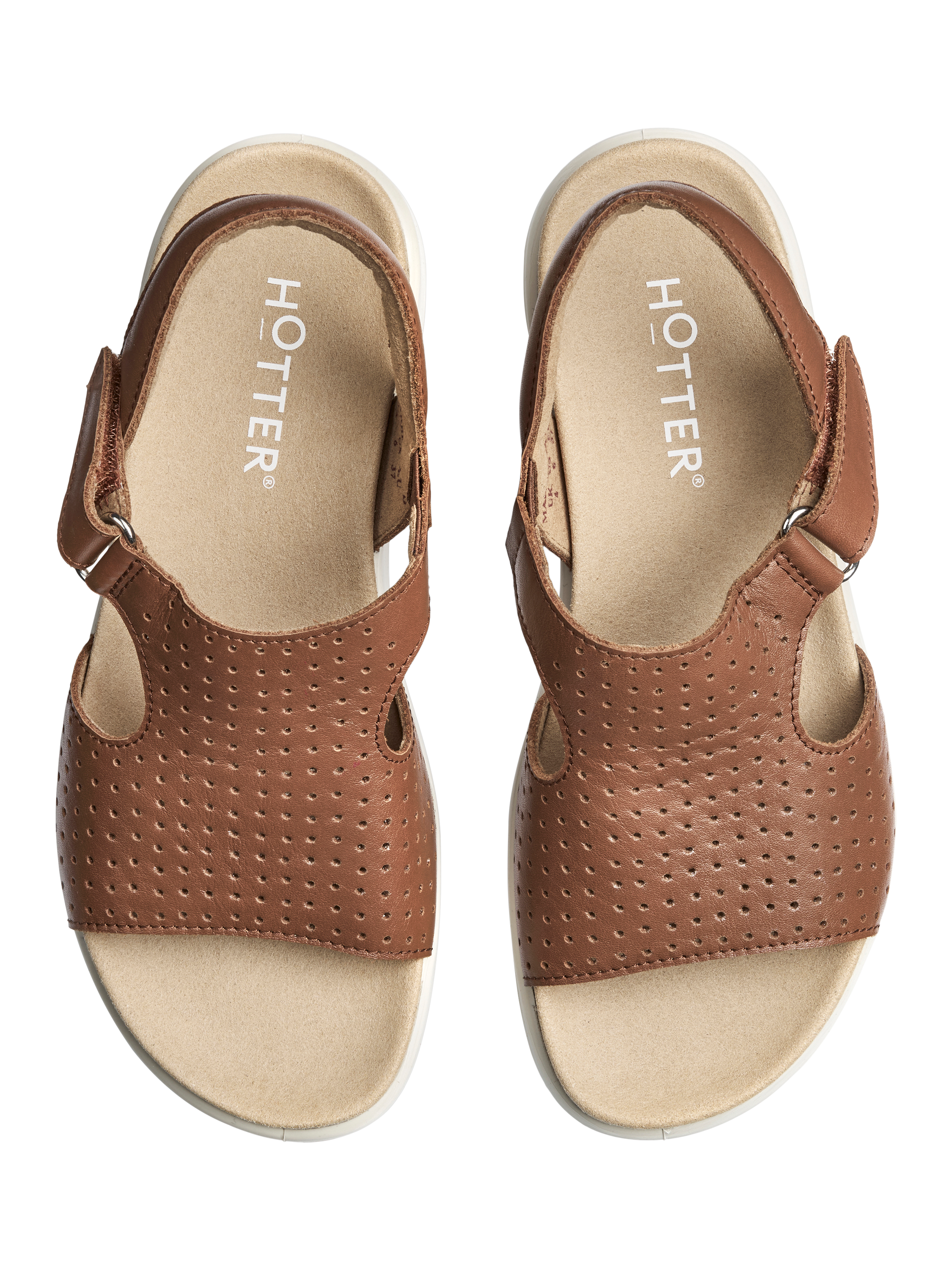 Product image 3 of 4, which shows Hotter Marbella Wide Fit Leather Perforated Footbed Sandals, Rich Tan, 3W