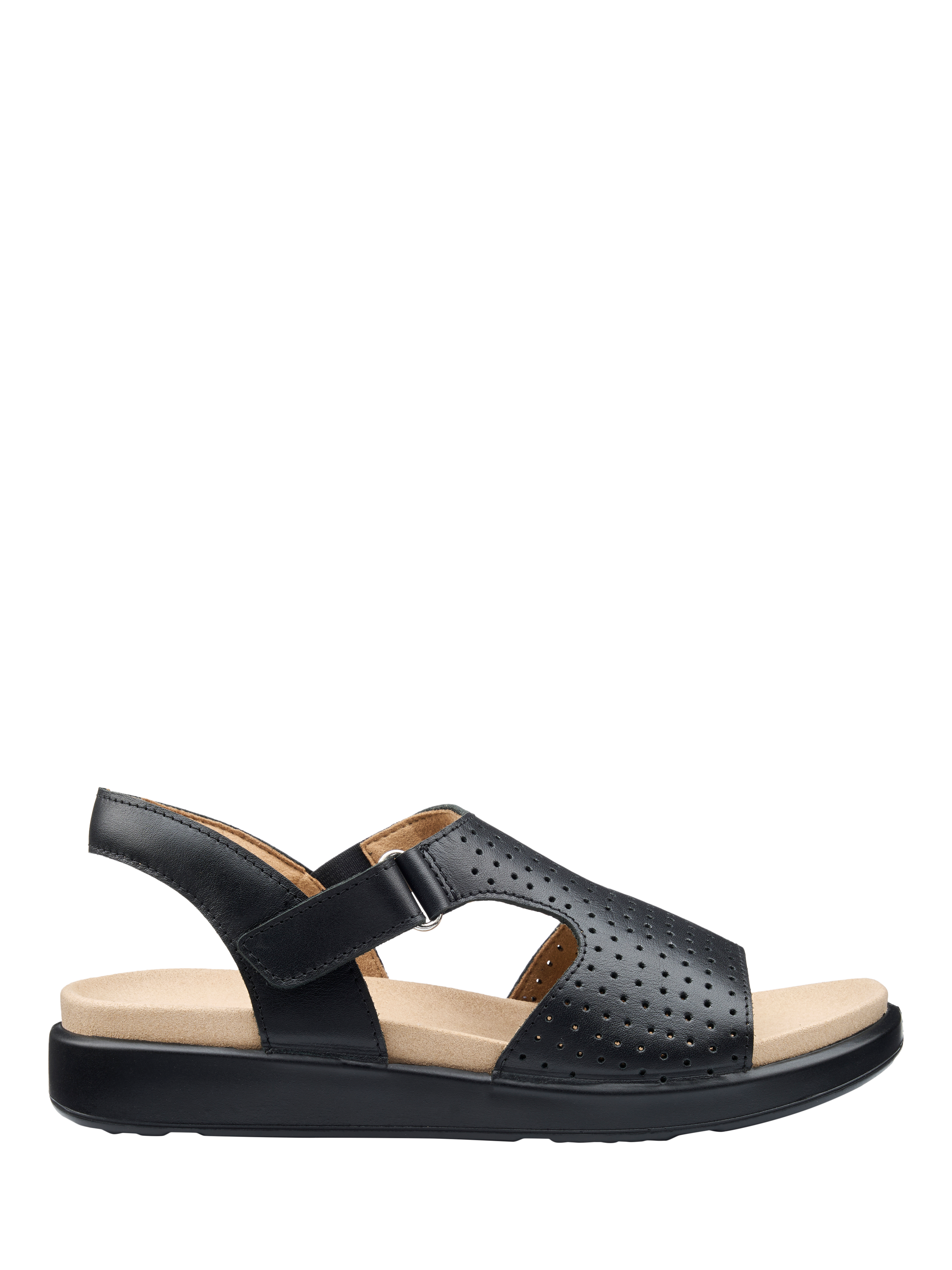Product image 1 of 4, which shows Hotter Marbella Wide Fit Leather Perforated Footbed Sandals, Black, 3W
